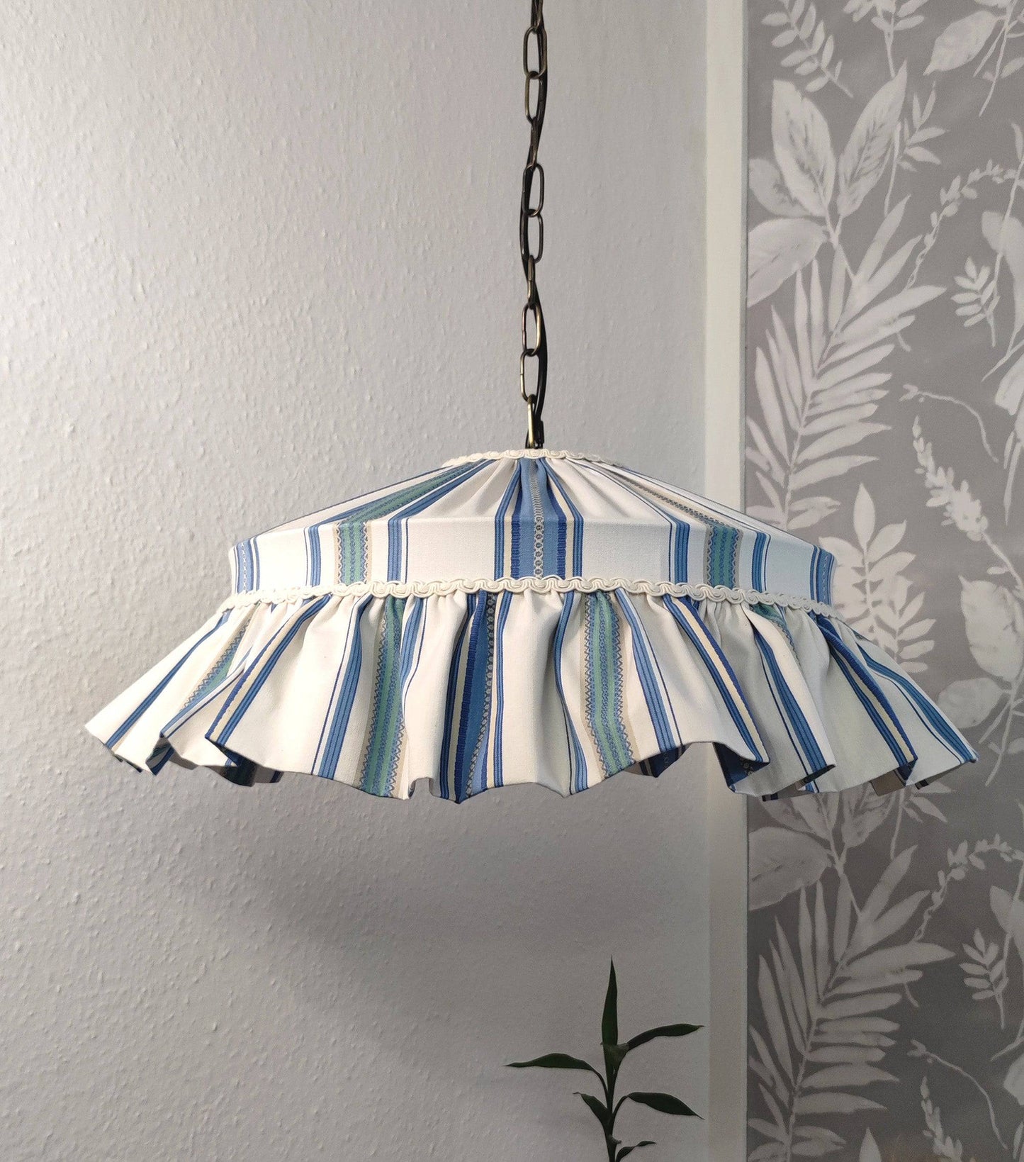 Sanderson ruffle handsewn cotton lampshade with blue stripes, featuring a gathered ruffle edge and vintage farmhouse style for home lighting decor.