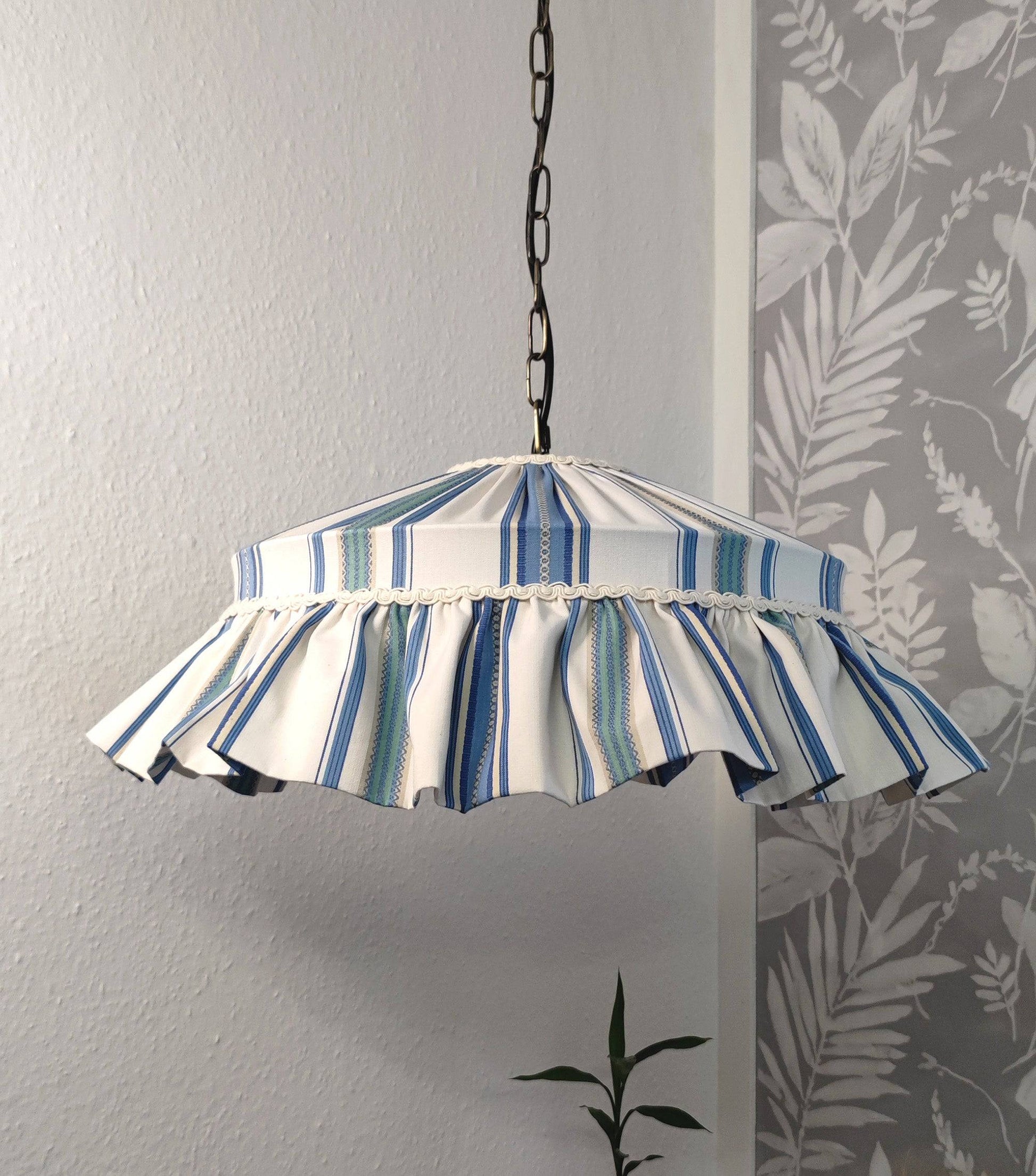 Sanderson ruffle handsewn cotton lampshade with blue stripes, featuring a gathered ruffle edge and vintage farmhouse style for home lighting decor.