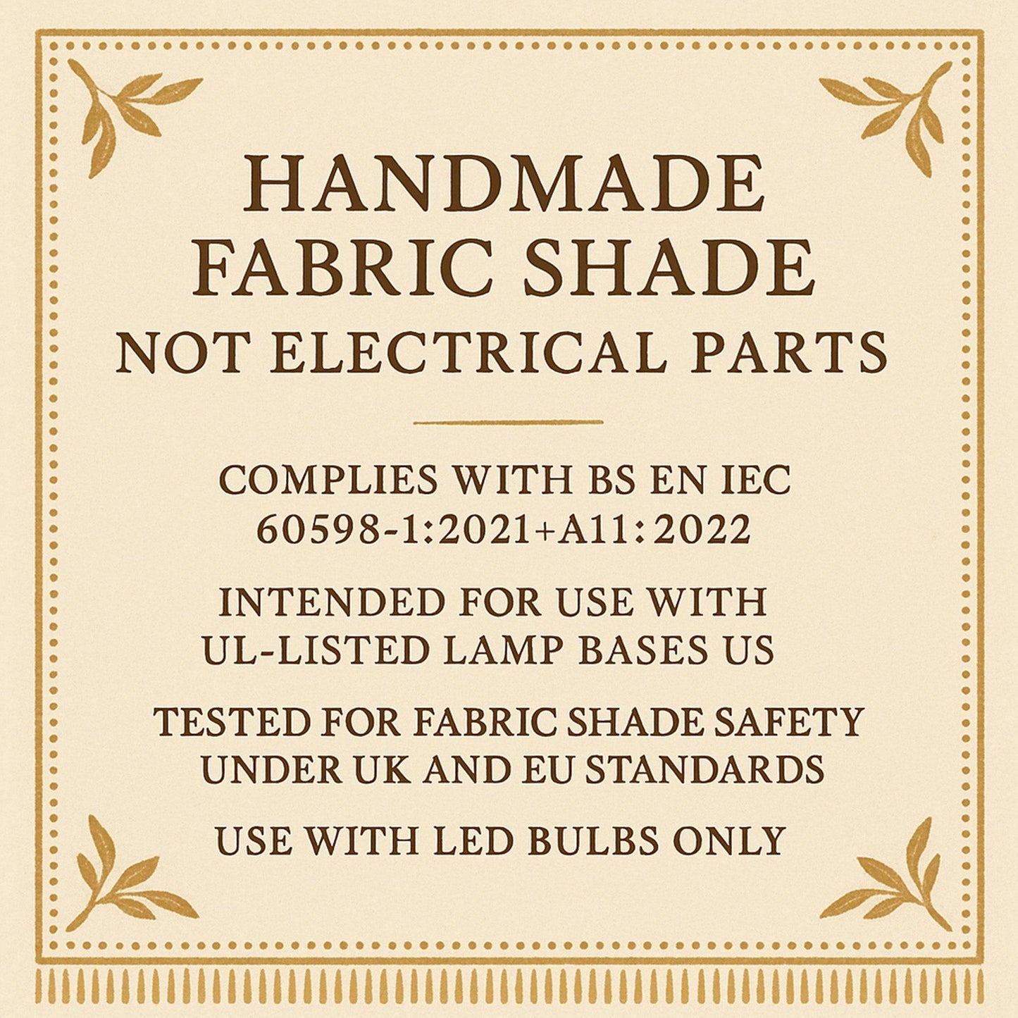 Lampshade safety information showing compliance with UK standards, handmade shade without electrical parts | MariaMarabella shades