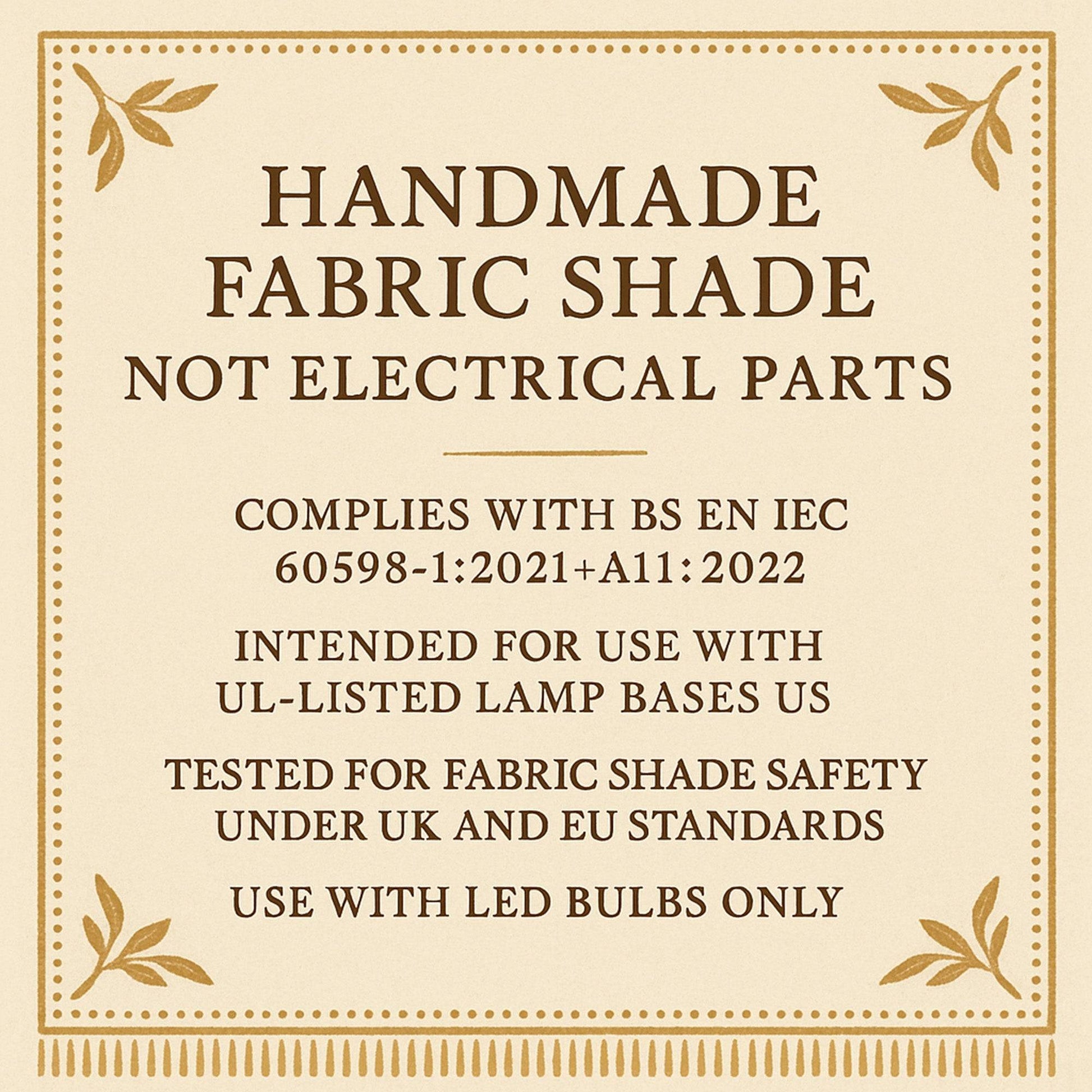 Lampshade safety information showing compliance with UK standards, handmade shade without electrical parts | MariaMarabella shades