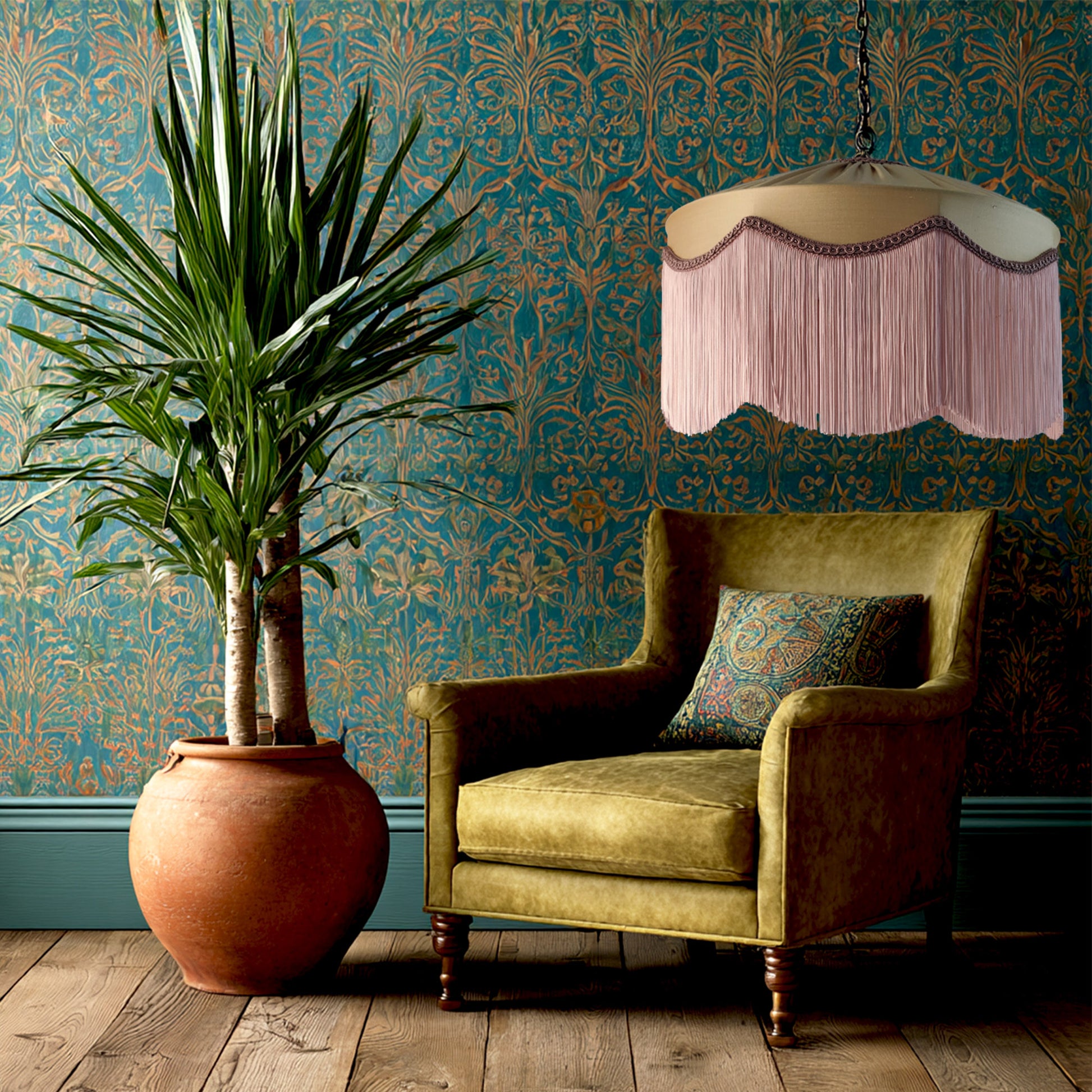 Gold silk fringed lampshade with blush fringe and trim hanging above a vintage armchair in an Art Deco-inspired interior. Ideal for luxury lighting upgrades.