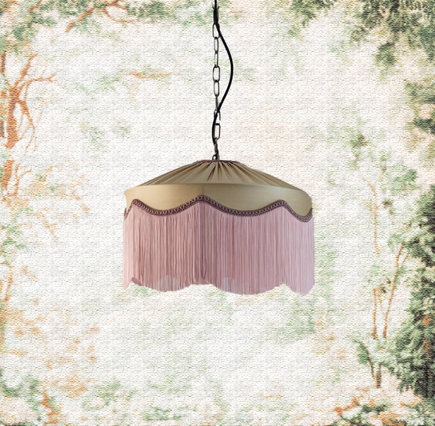 Gold silk fringed lampshade with blush fringe and trim, featuring scalloped edges and vintage Art Deco design for elegant interior lighting.