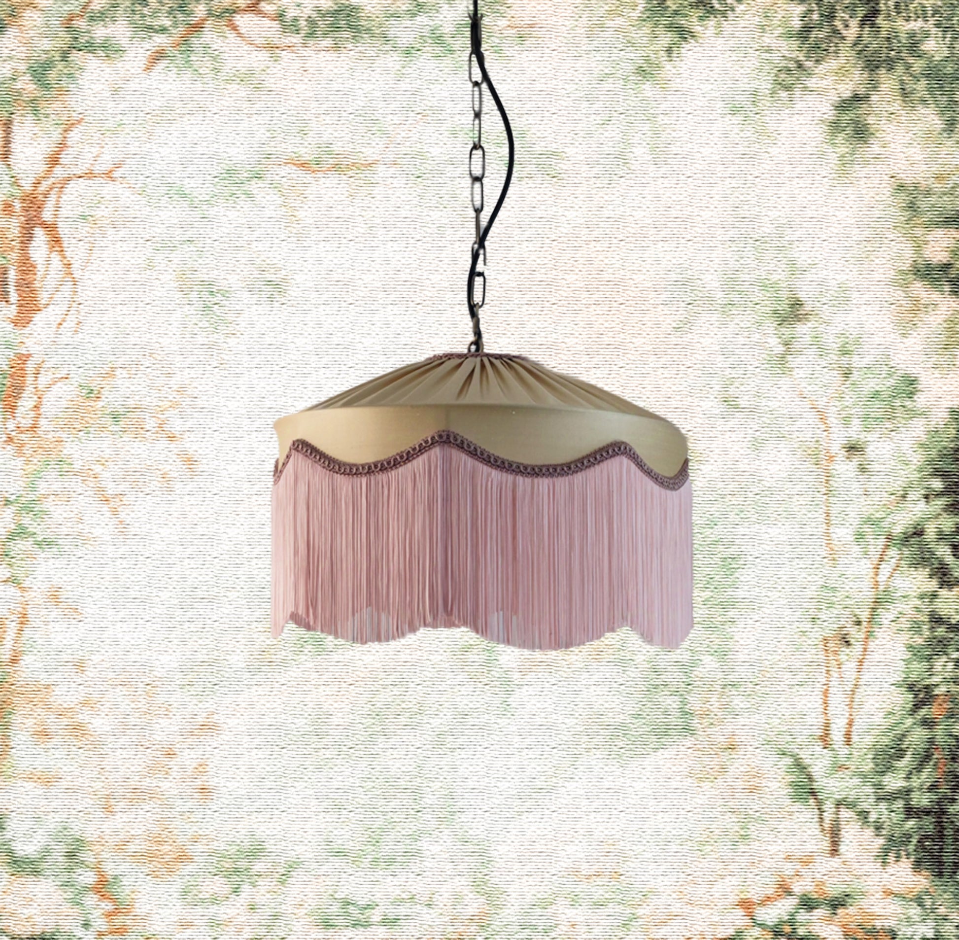 Gold silk fringed lampshade with blush fringe and trim, featuring scalloped edges and vintage Art Deco design for elegant interior lighting.