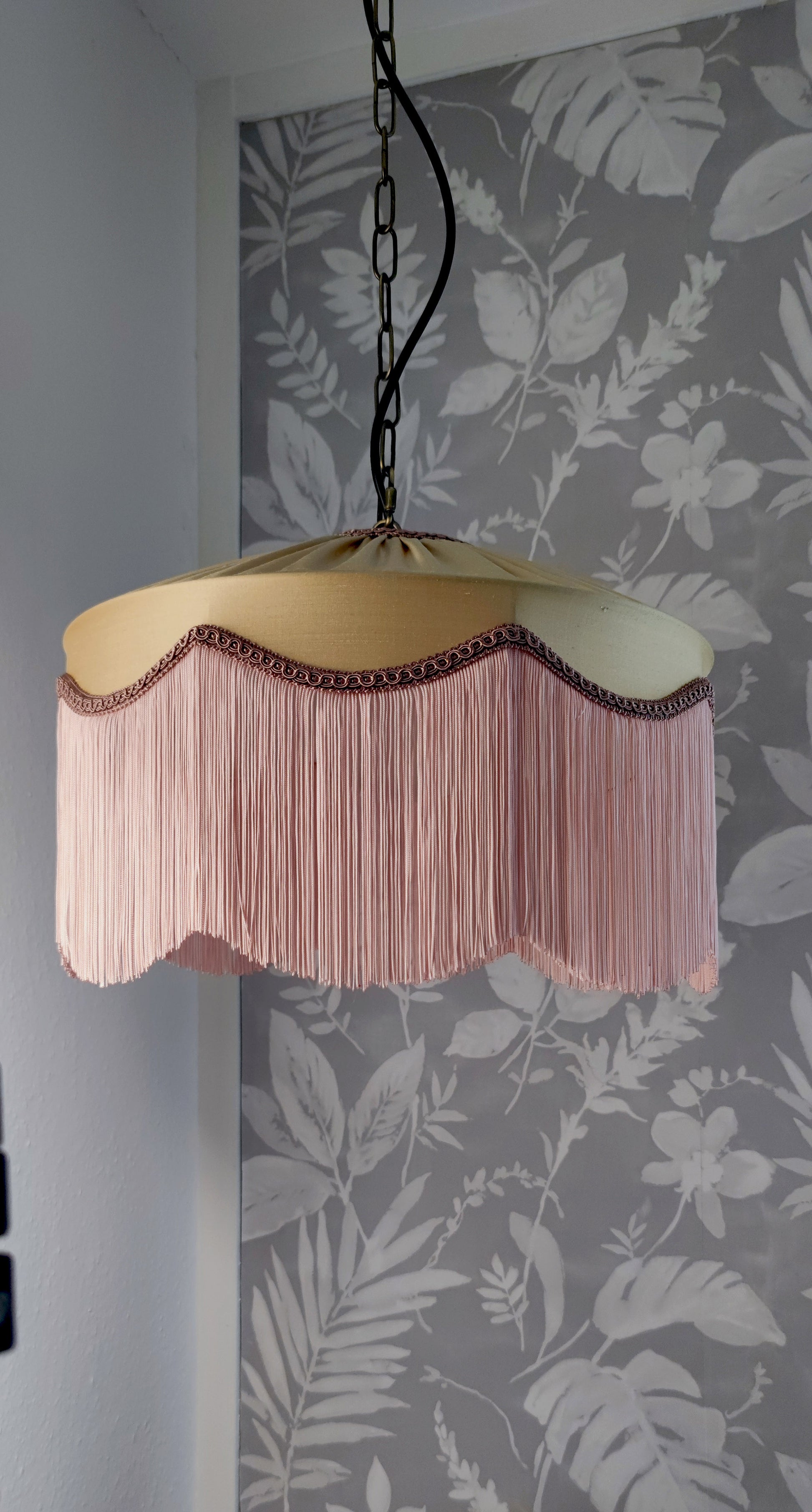 Gold silk fringed lampshade with blush fringe and trim, featuring an Art Deco scalloped design, ideal for vintage or luxury interior lighting.