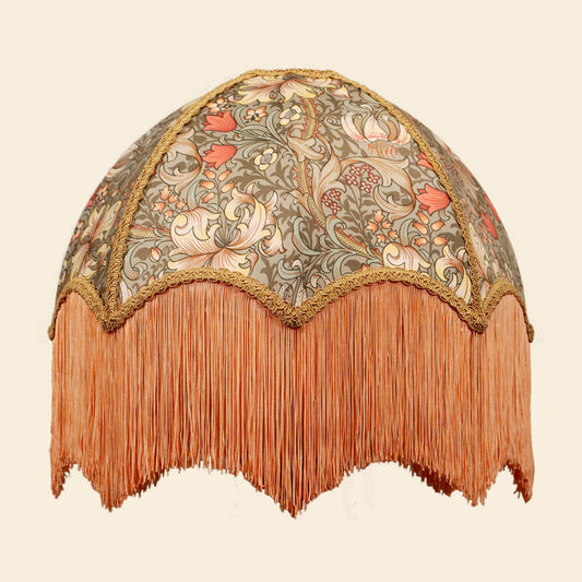 William Morris Golden Lily Lampshade with peach fringe