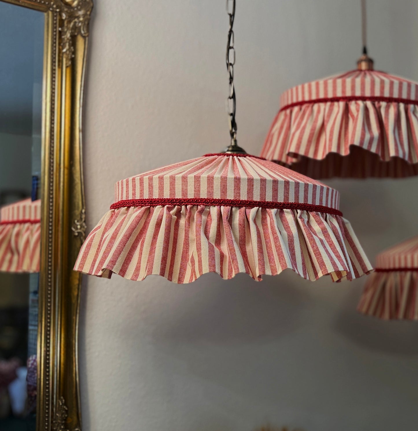 Handmade Ruffle lampshade red stripes cotton