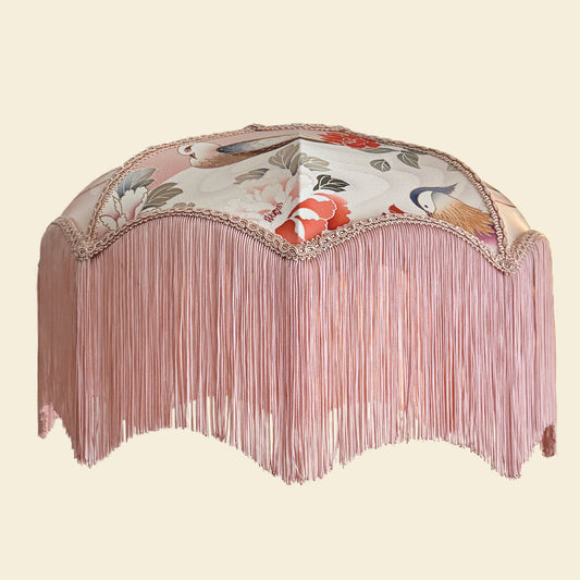 Japanese silk lampshade with blush pink fringe. The House of Soft Light
