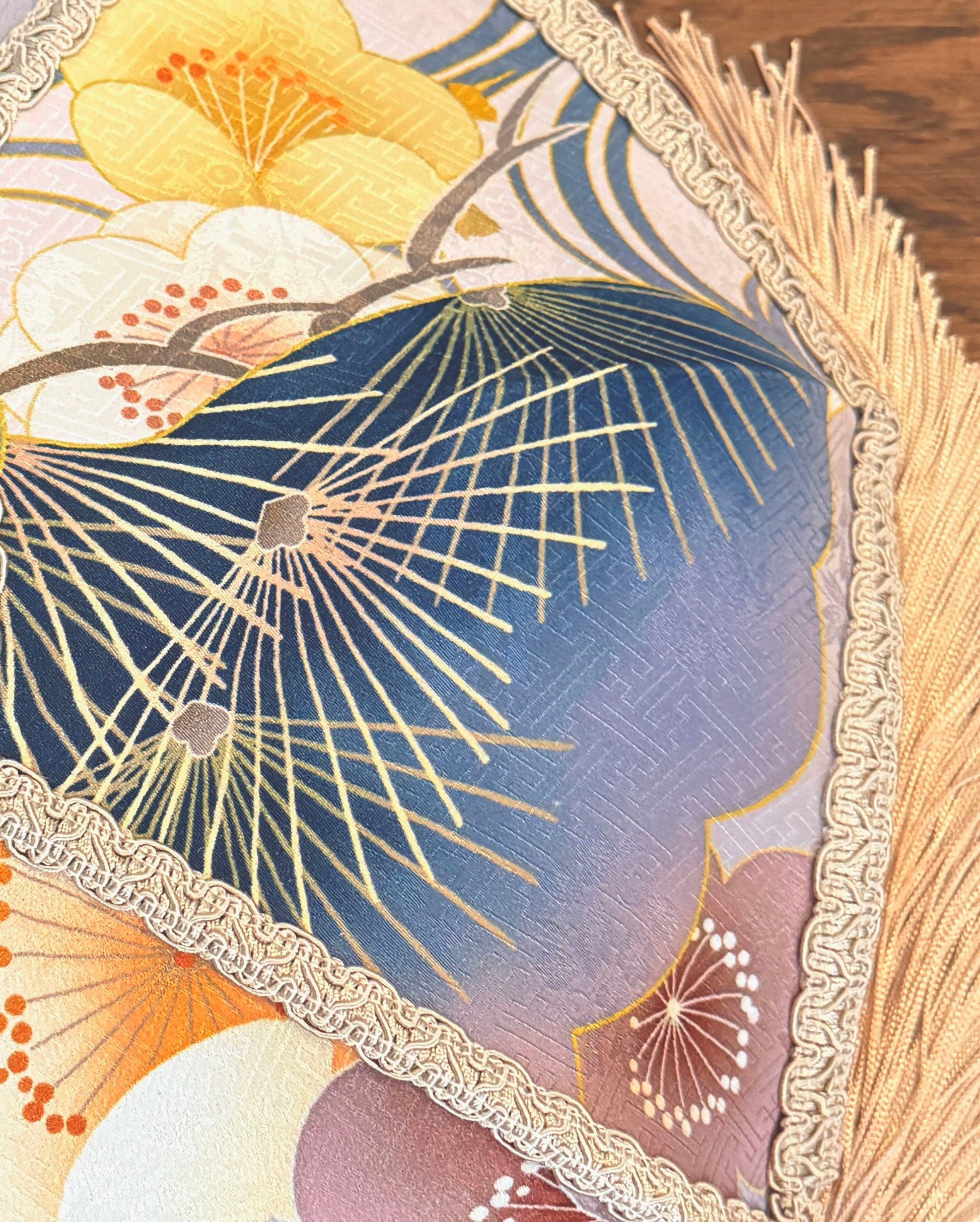 Decorative fabric with floral and geometric patterns on lampshade. The House of Soft Light