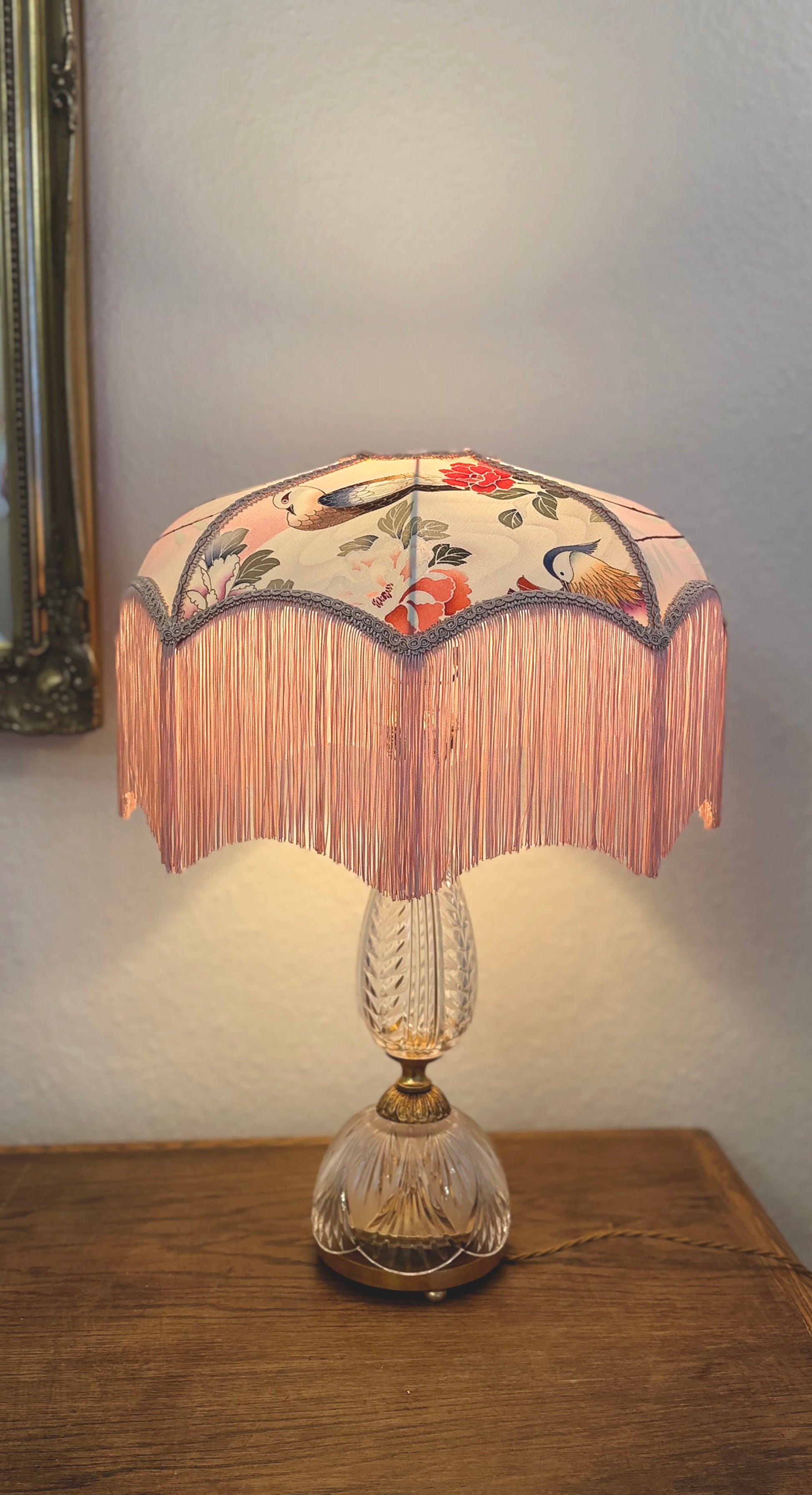 Japanese silk lampshade on the glass table lamp. The House of Soft Light