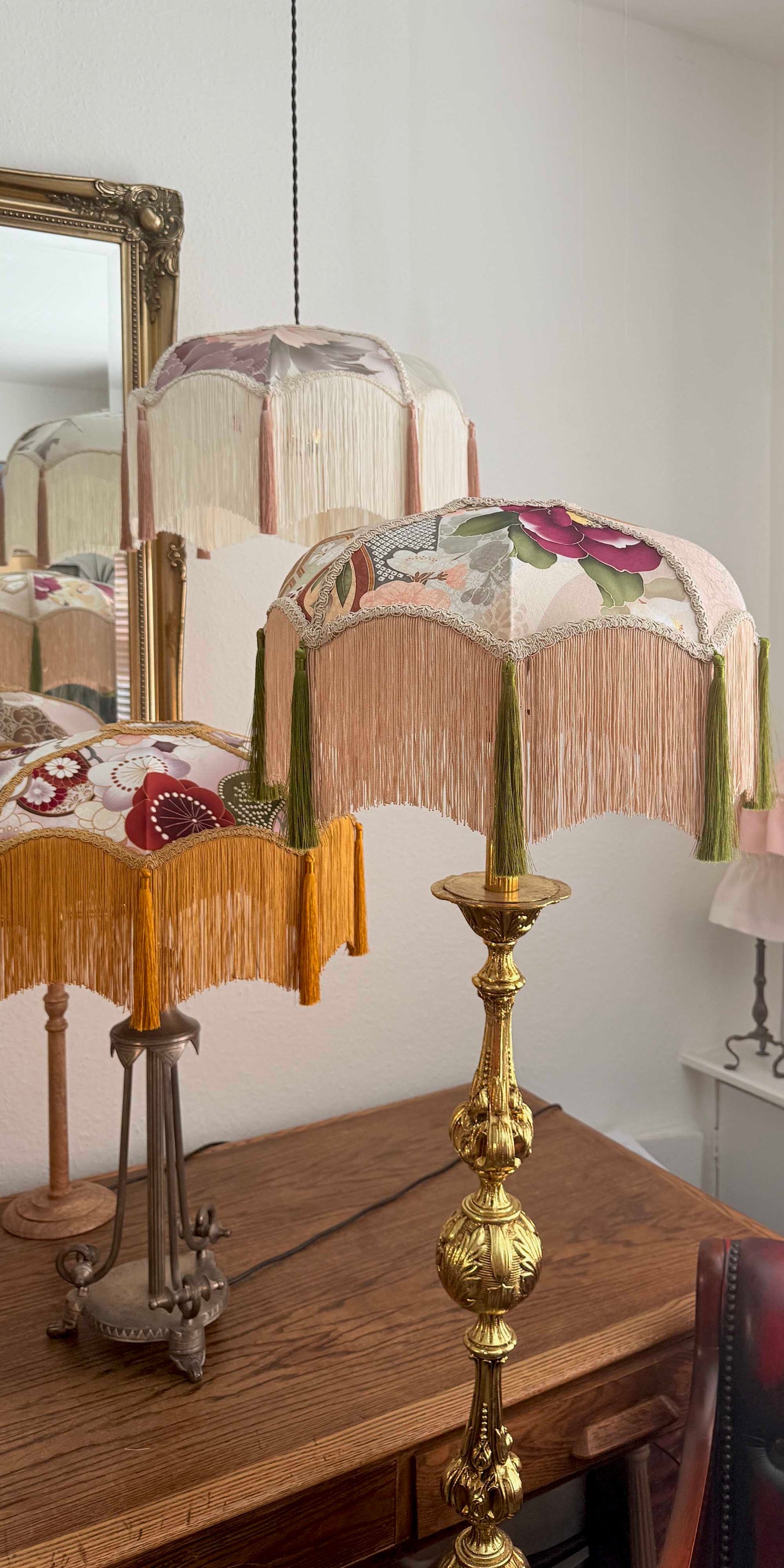 Plum Crane Reverie – Handmade Japanese Kimono Silk Lampshade with Soft Fringe