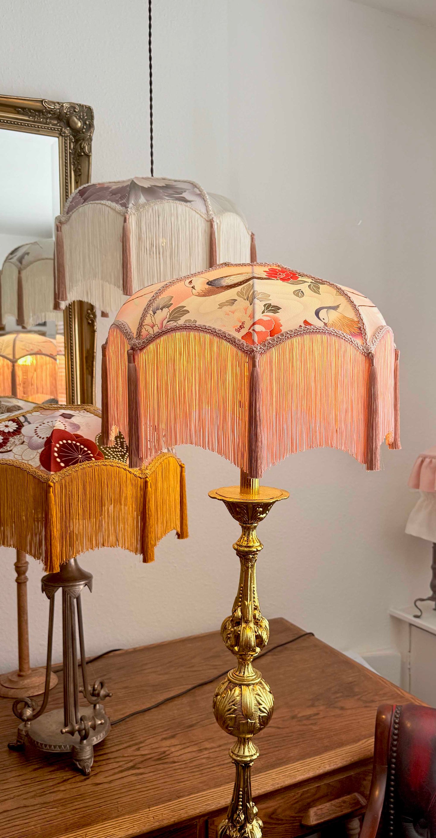 Blush Stillness– Handmade Japanese Kimono Silk Lampshade with Soft Fringe