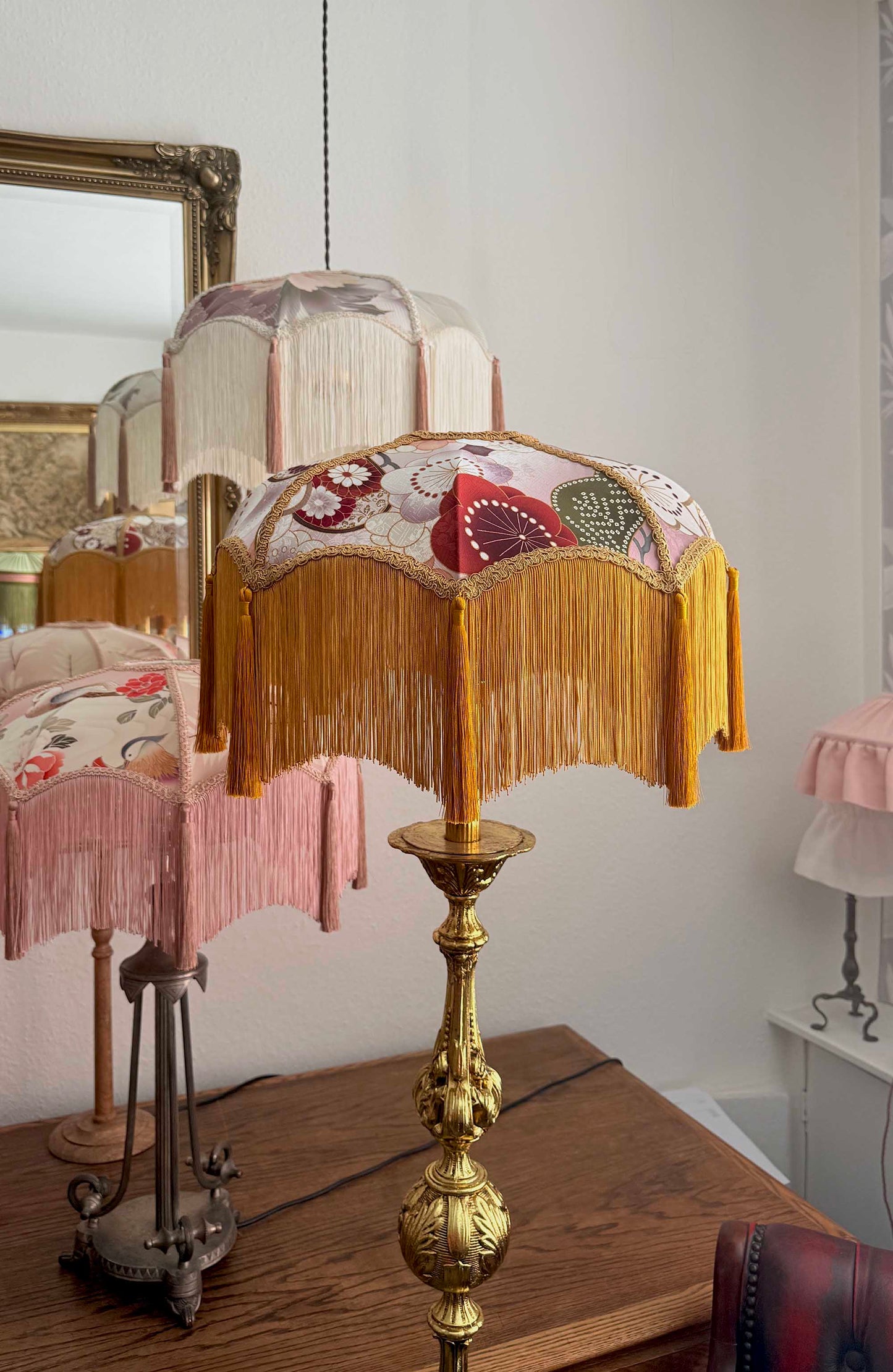 Gilded Harmony– Handmade Japanese Kimono Silk Lampshade with Soft Fringe