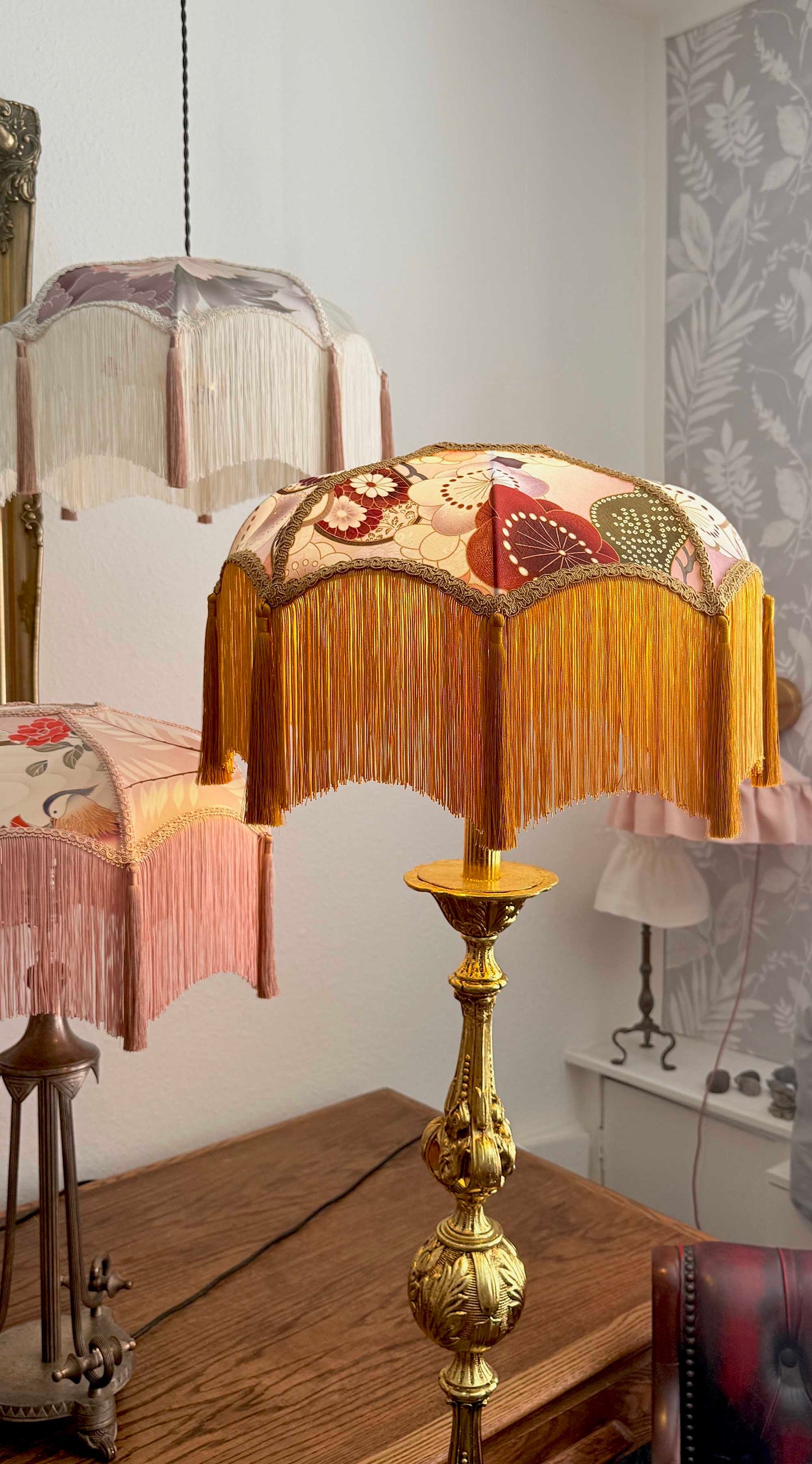 Gilded Harmony– Handmade Japanese Kimono Silk Lampshade with Soft Fringe