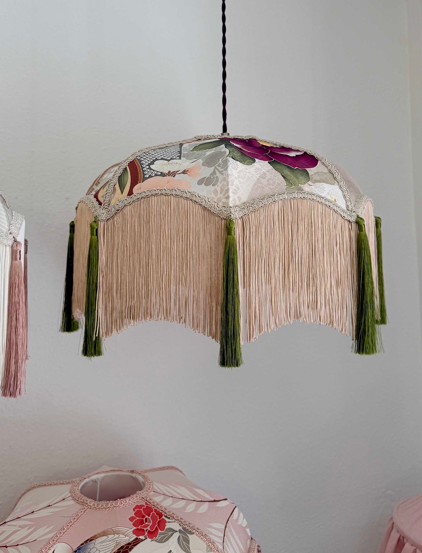 Plum Crane Reverie – Handmade Japanese Kimono Silk Lampshade with Soft Fringe