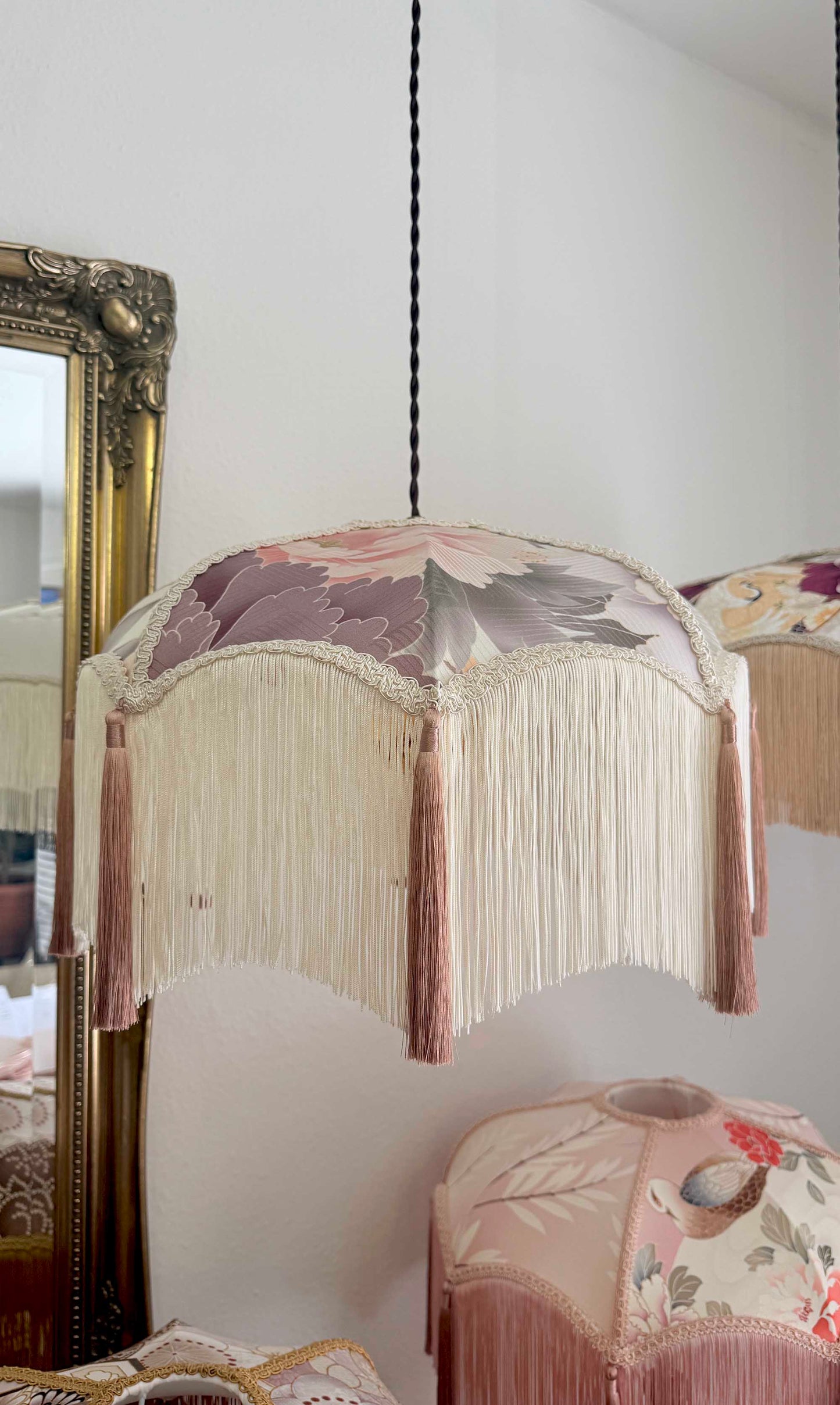 Blush Stillness– Handmade Japanese Kimono Silk Lampshade with Soft Fringe