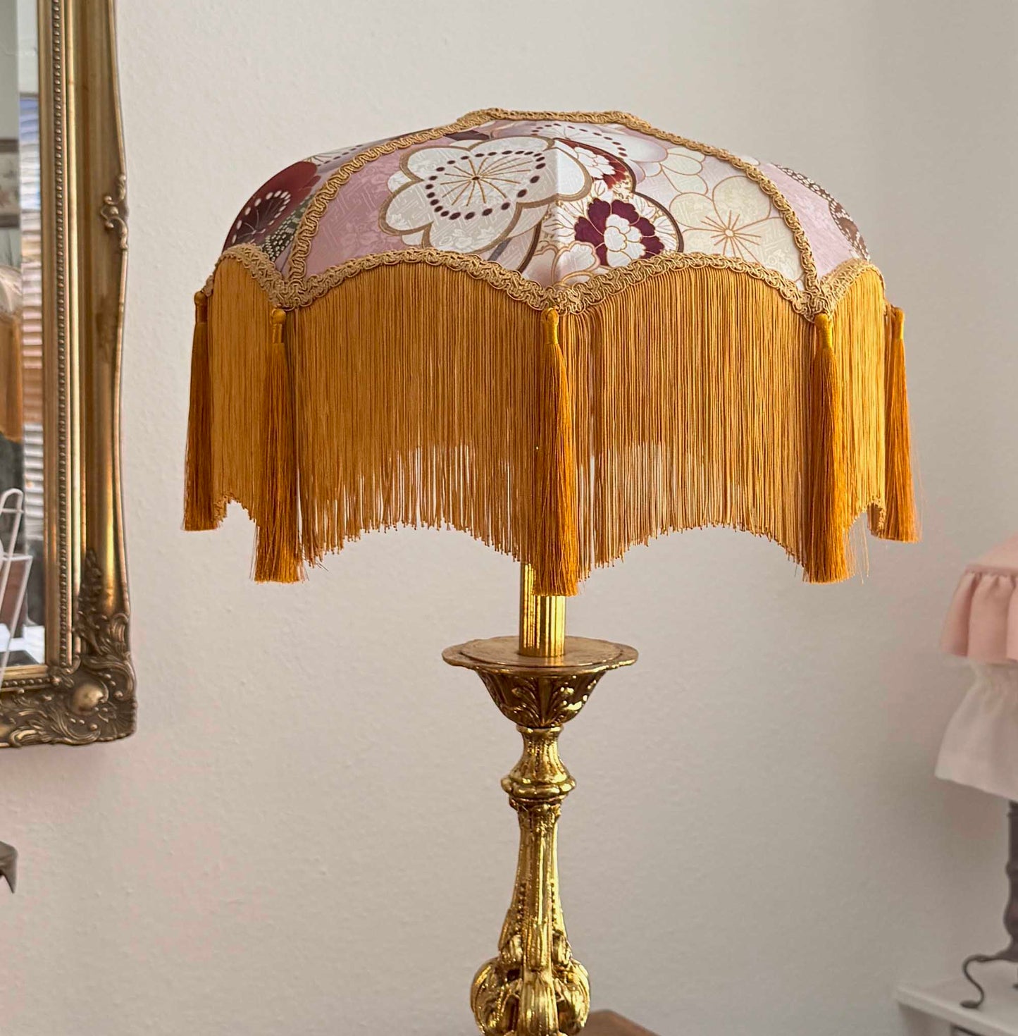 Gilded Harmony– Handmade Japanese Kimono Silk Lampshade with Soft Fringe