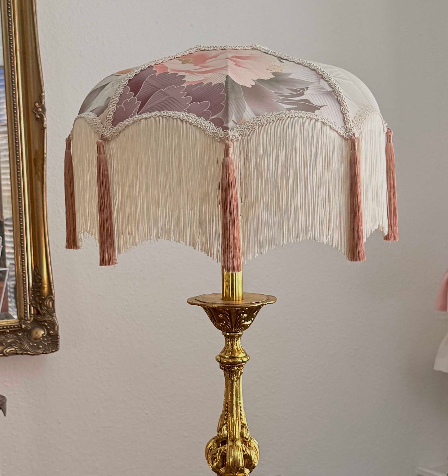 Blush Stillness– Handmade Japanese Kimono Silk Lampshade with Soft Fringe