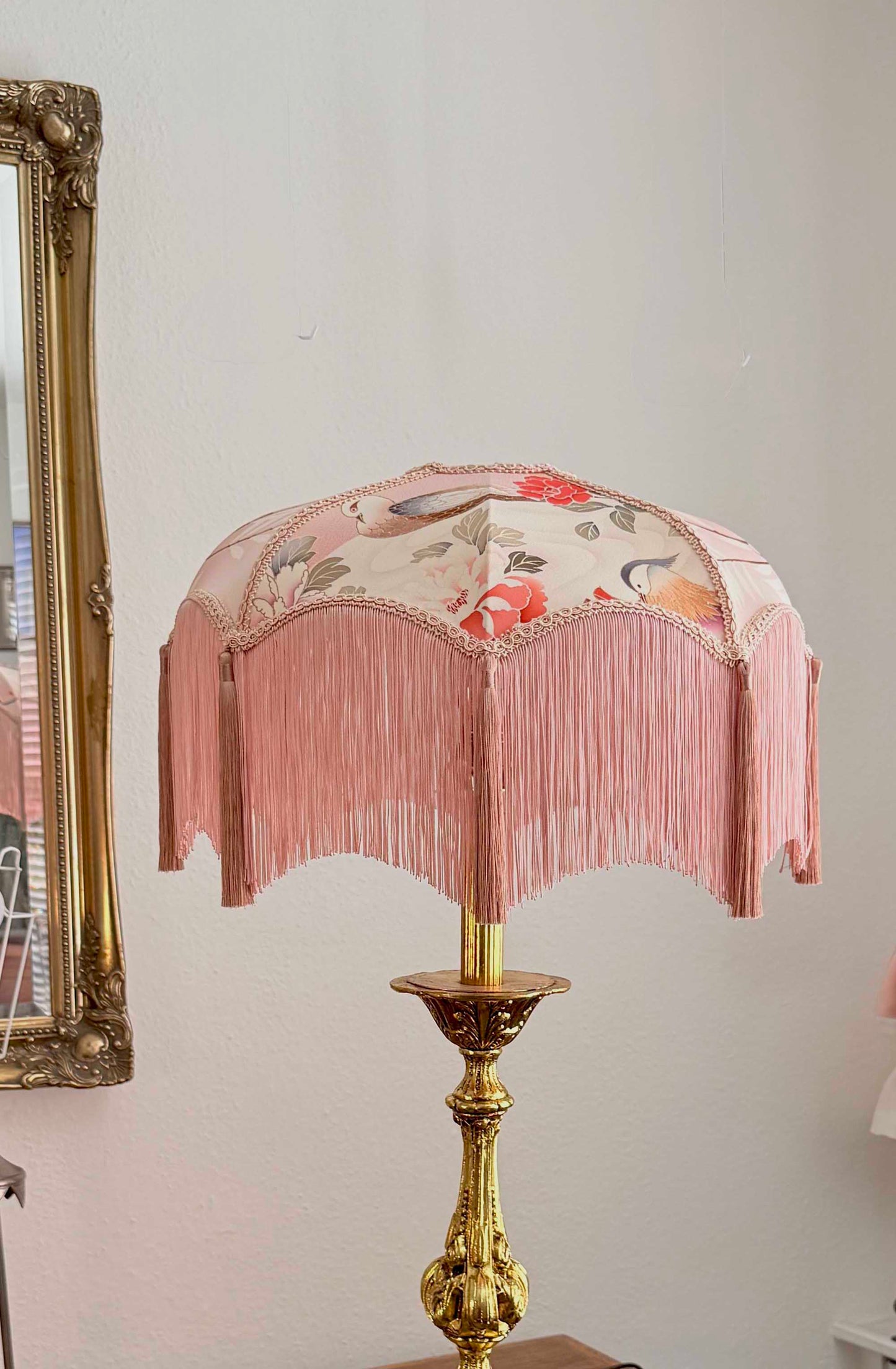 Petal Reverie – Handmade Japanese Kimono Silk Lampshade with Soft Fringe