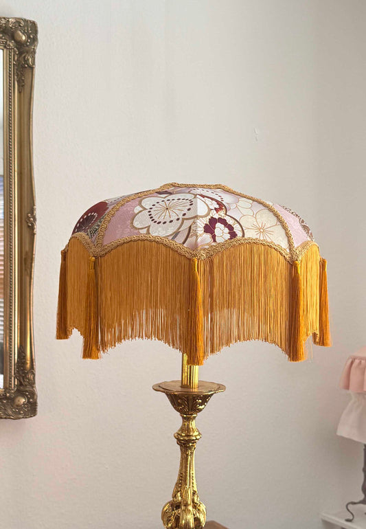 Gilded Harmony– Handmade Japanese Kimono Silk Lampshade with Soft Fringe