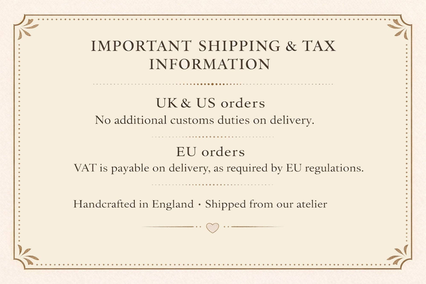 Shipping and tax information for Lampshade UK, US, and EU order policies. Handcrafted in England.