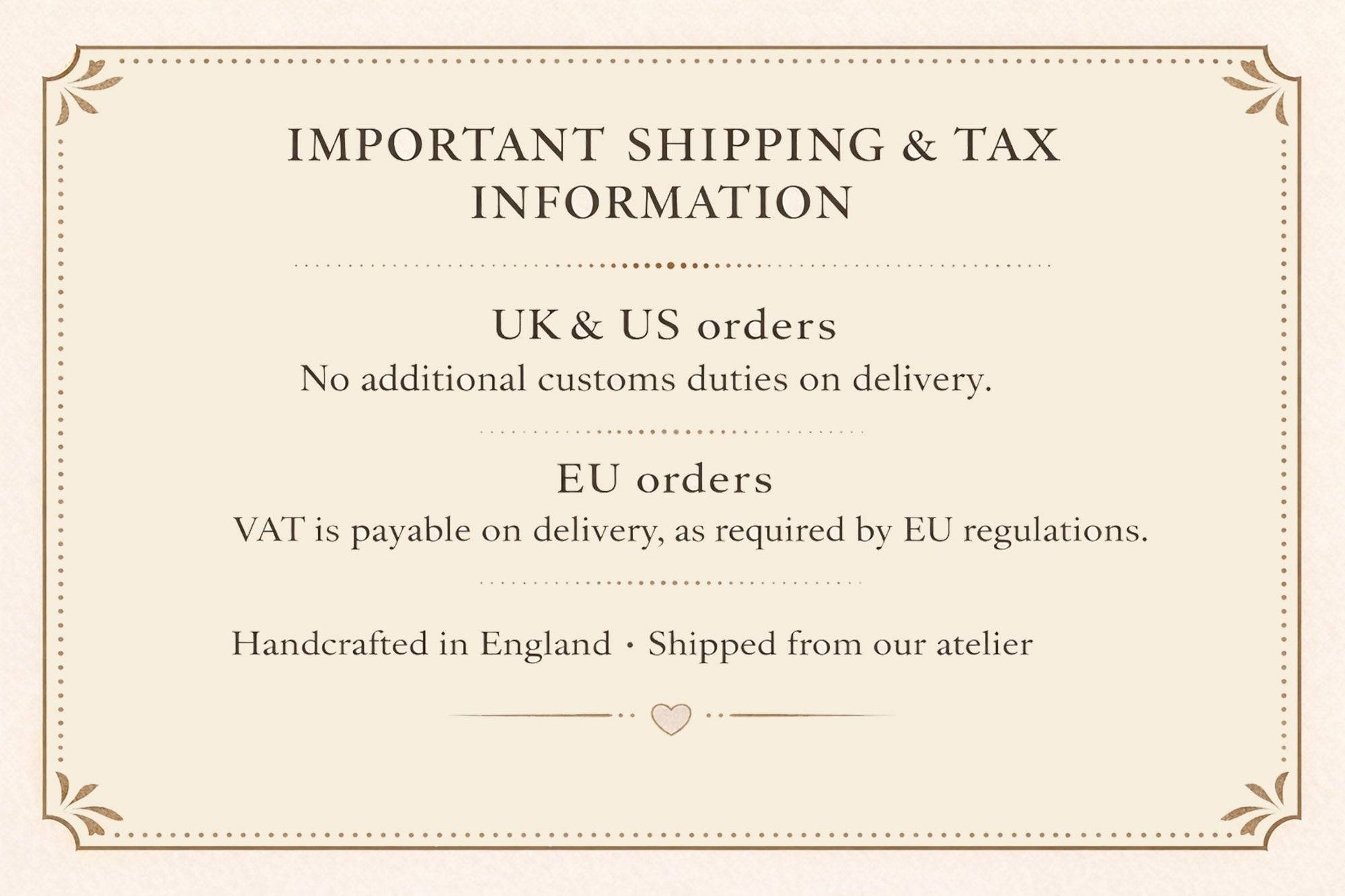 Shipping and tax information for Lampshade UK, US, and EU order policies. Handcrafted in England.