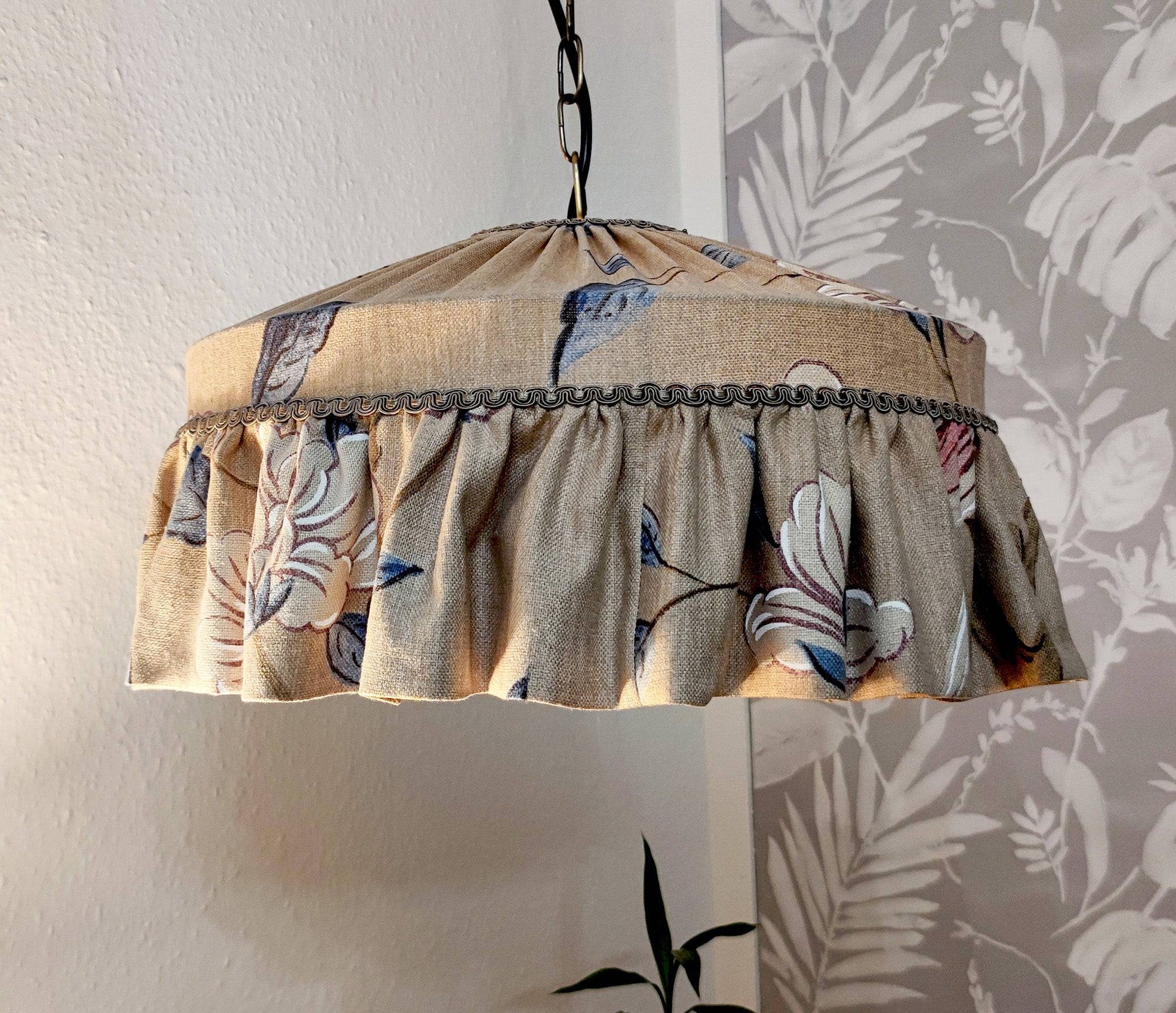 Zoffany raw silk lampshade with ruffles by Maria Marabella Shades, featuring hand-sewn floral fabric in vintage blue tones for cottage-style decor.