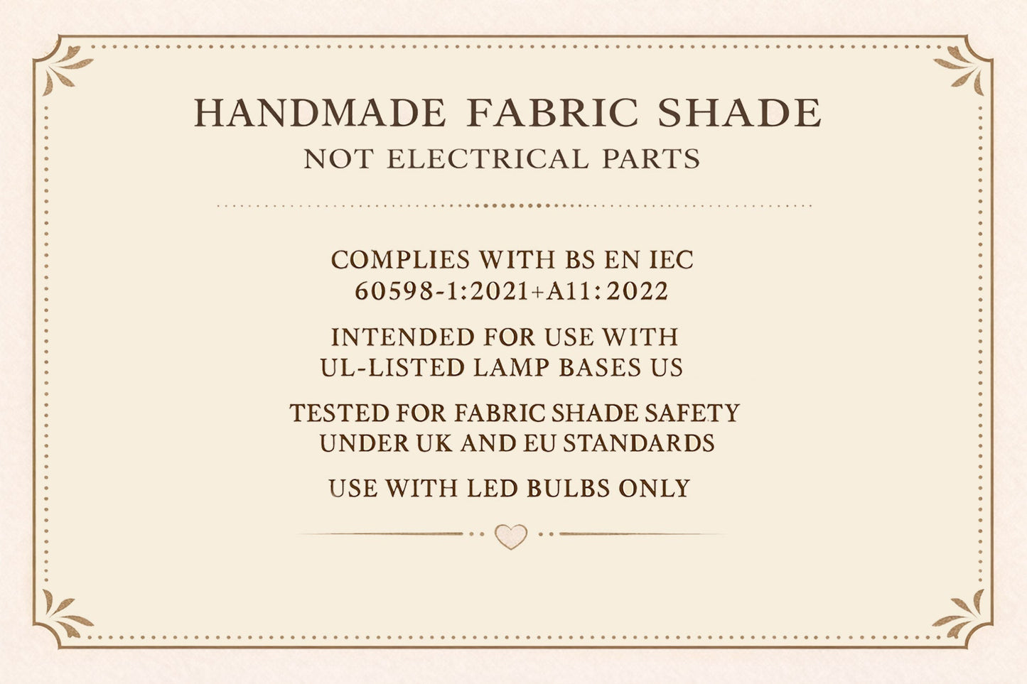 Handmade fabric shade information card with text on a beige background