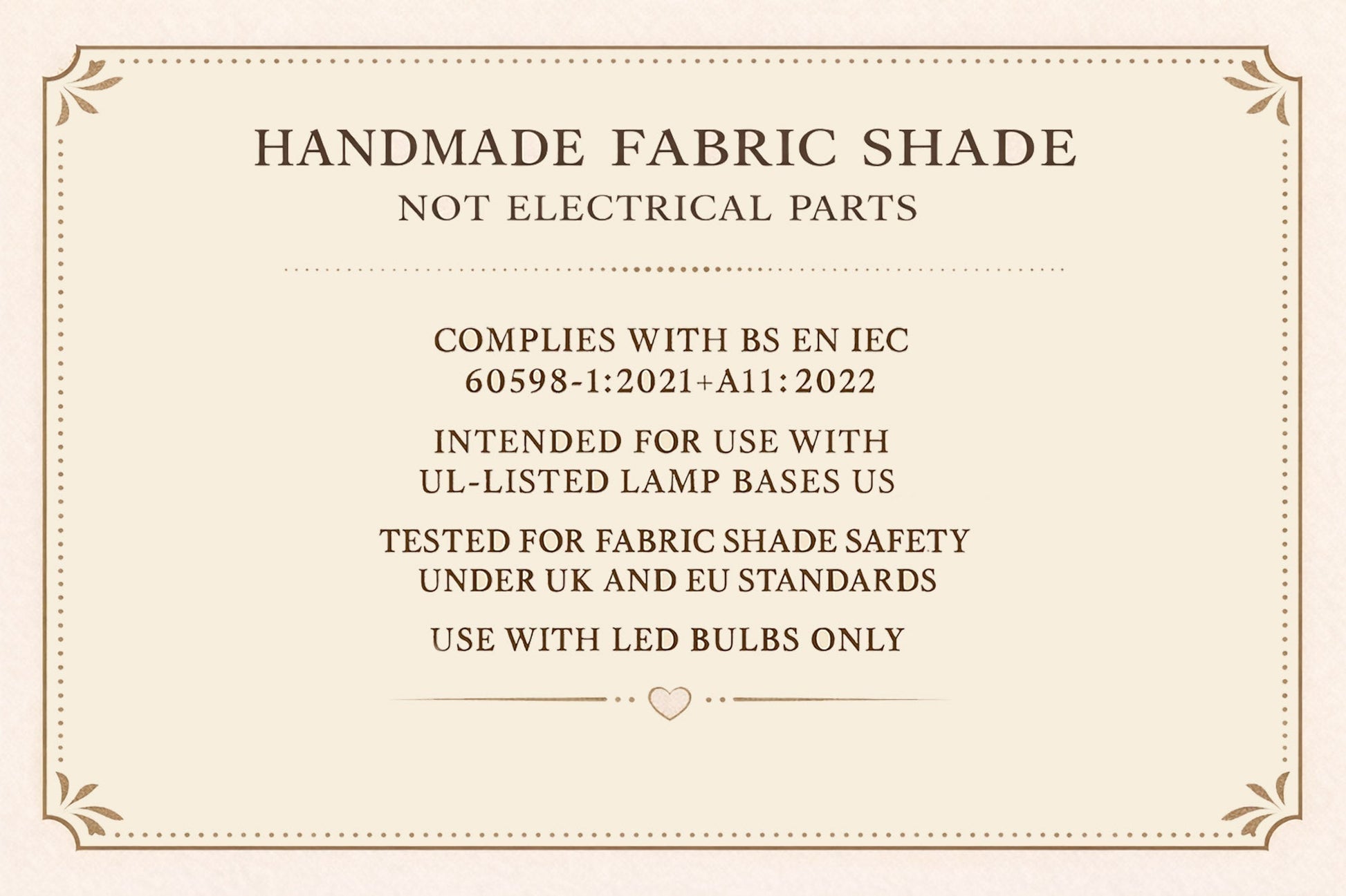 Handmade fabric shade information card with text on a beige background