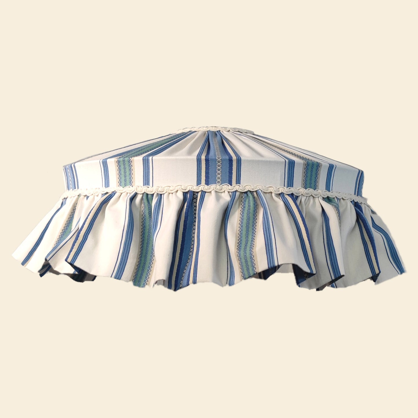 Sanderson ruffle handsewn cotton lampshade with blue stripes and gathered ruffle trim, ideal for rustic or farmhouse home lighting decor.