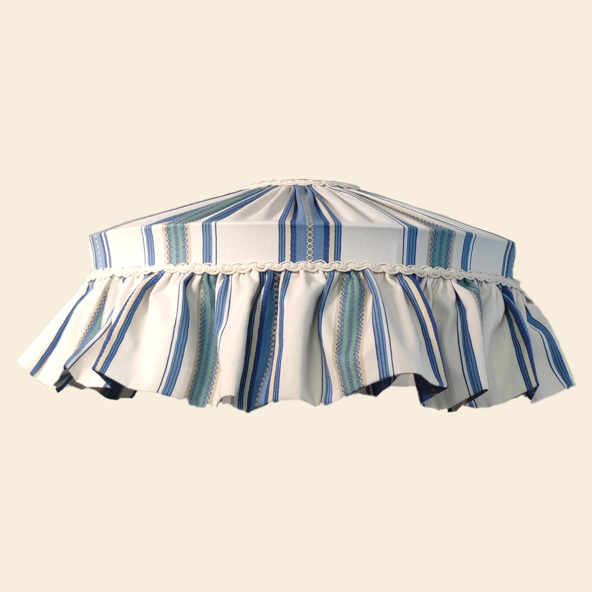 Sanderson ruffle handsewn cotton lampshade with blue stripes and gathered ruffle trim, ideal for rustic or farmhouse home lighting decor.