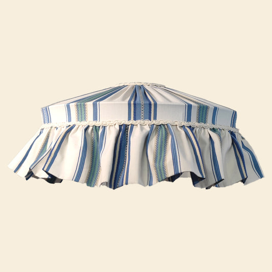 Sanderson ruffle handsewn cotton lampshade with blue stripes and gathered ruffle trim, ideal for rustic or farmhouse home lighting decor.