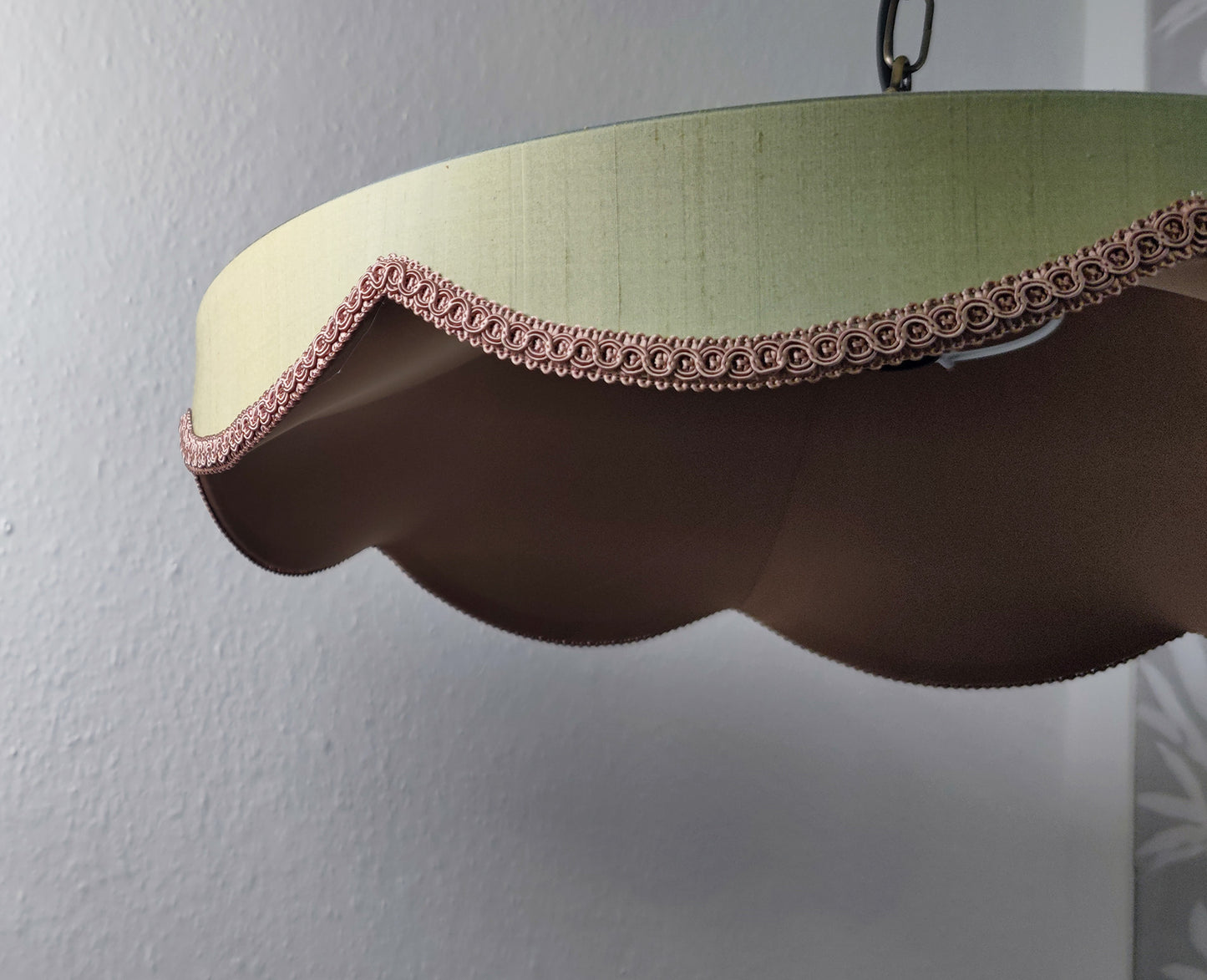 Dupioni silk scalloped lampshade in sage soft green with decorative trim, ideal for Art Deco style luxury lighting and elegant home decor.