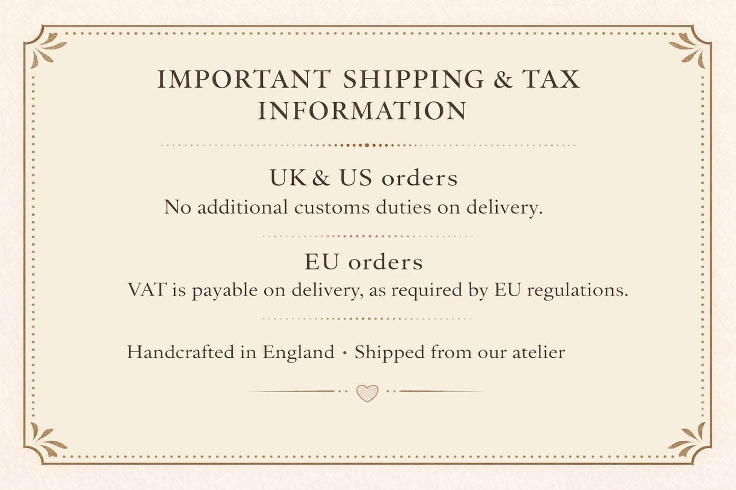Shipping and tax information card with text on a beige background