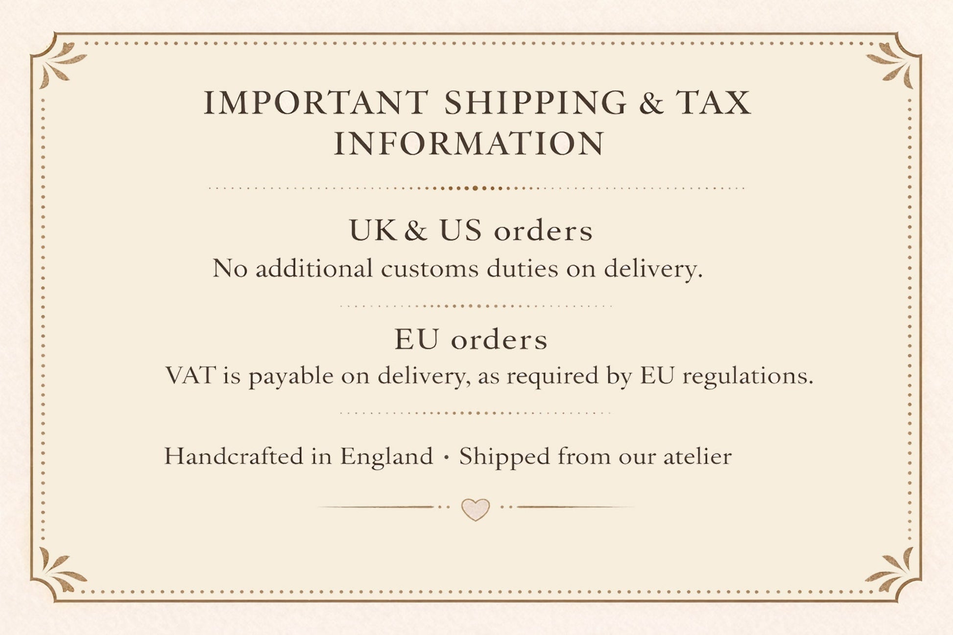 Shipping and tax information card with text on a beige background