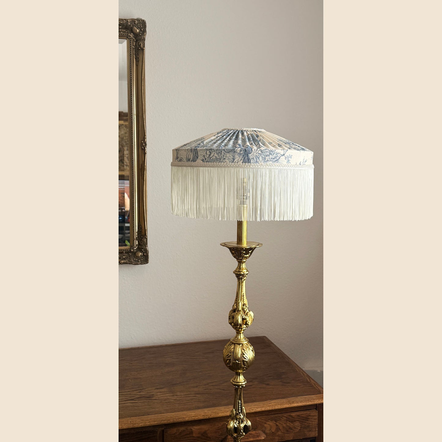 French Blue Toile Fringed Lampshade