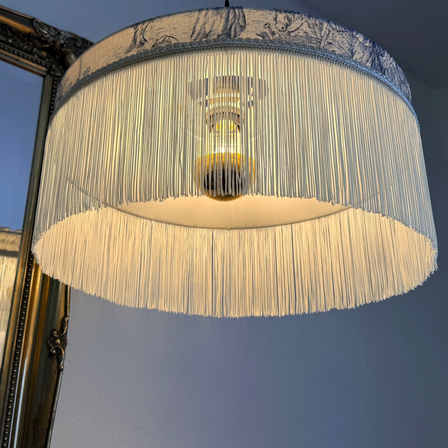 French Blue Toile Fringed Lampshade