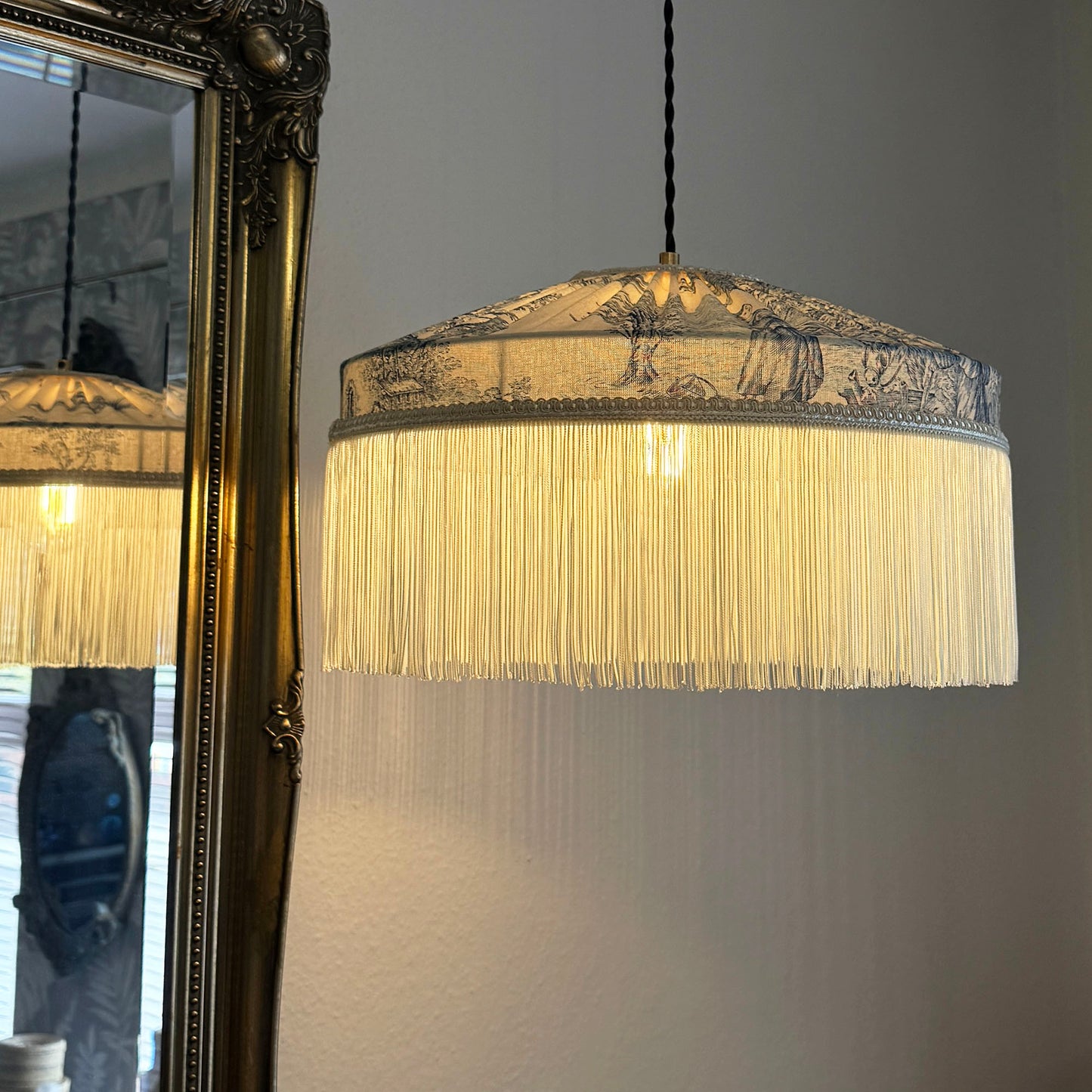 French Blue Toile Fringed Lampshade