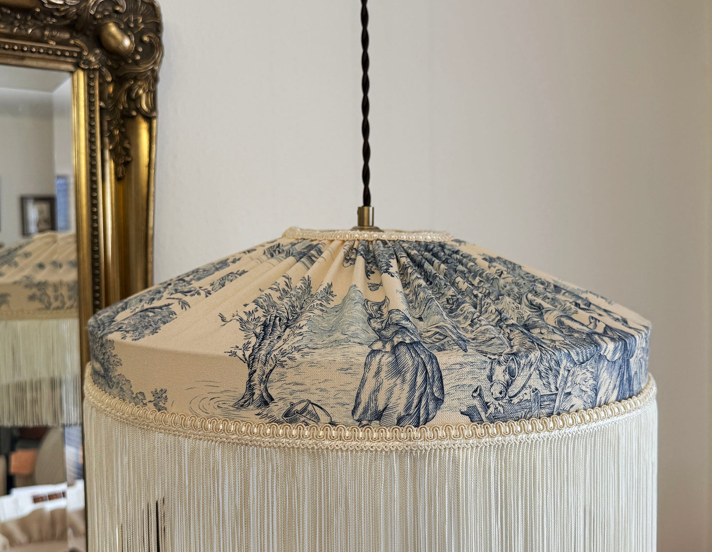 French Blue Toile Fringed Lampshade