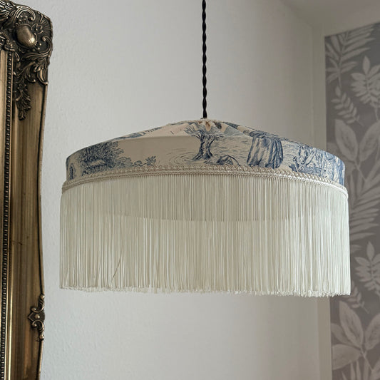 French Blue Toile Fringed Lampshade