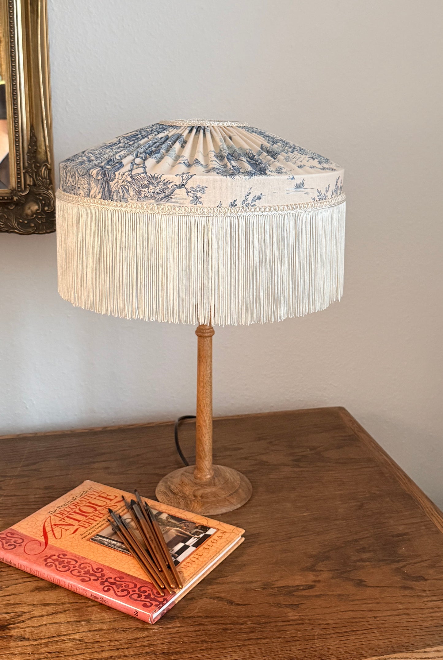 French Blue Toile Fringed Lampshade