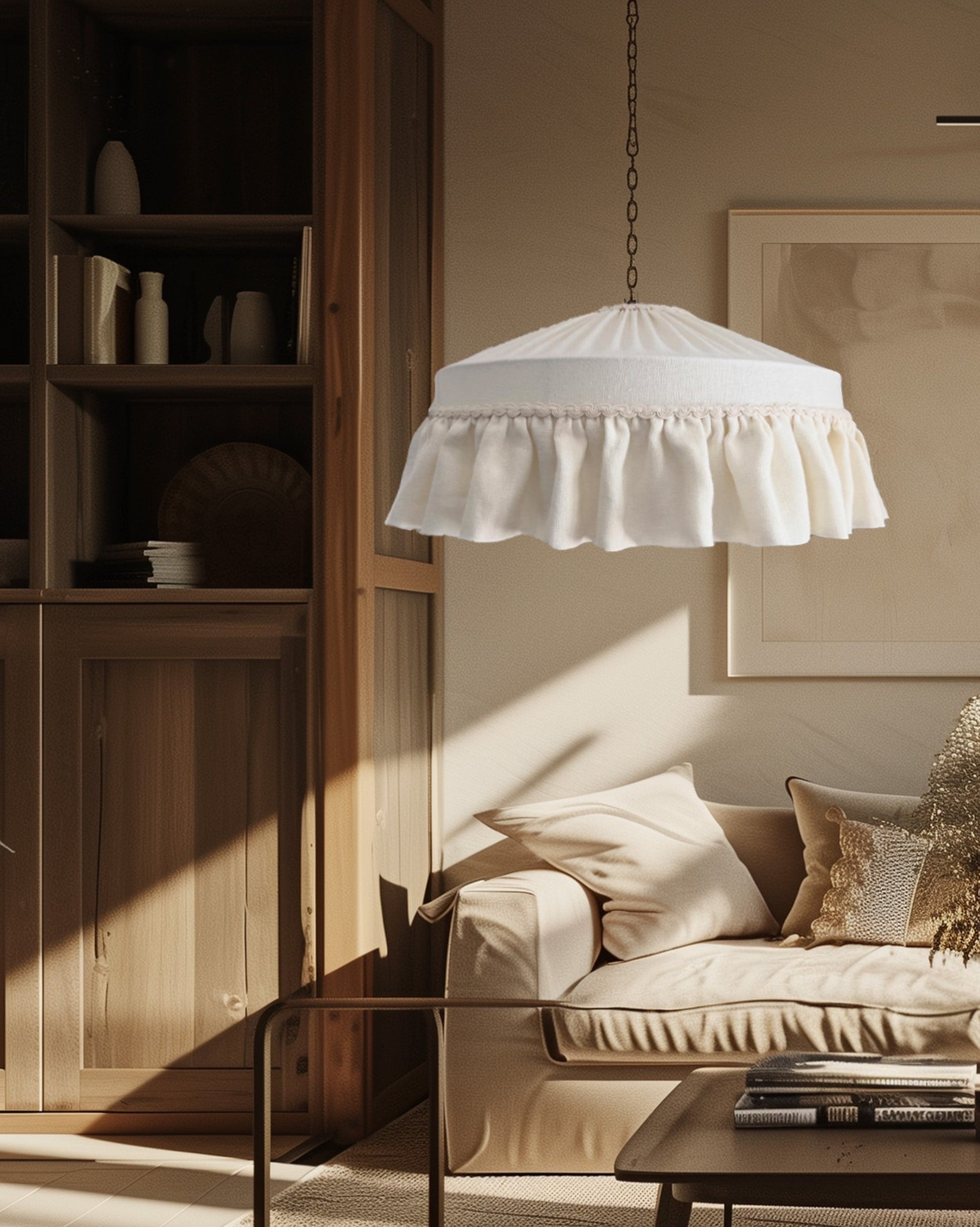 Living room with a white ruffled lampshade, wooden bookshelf, and beige sofa.