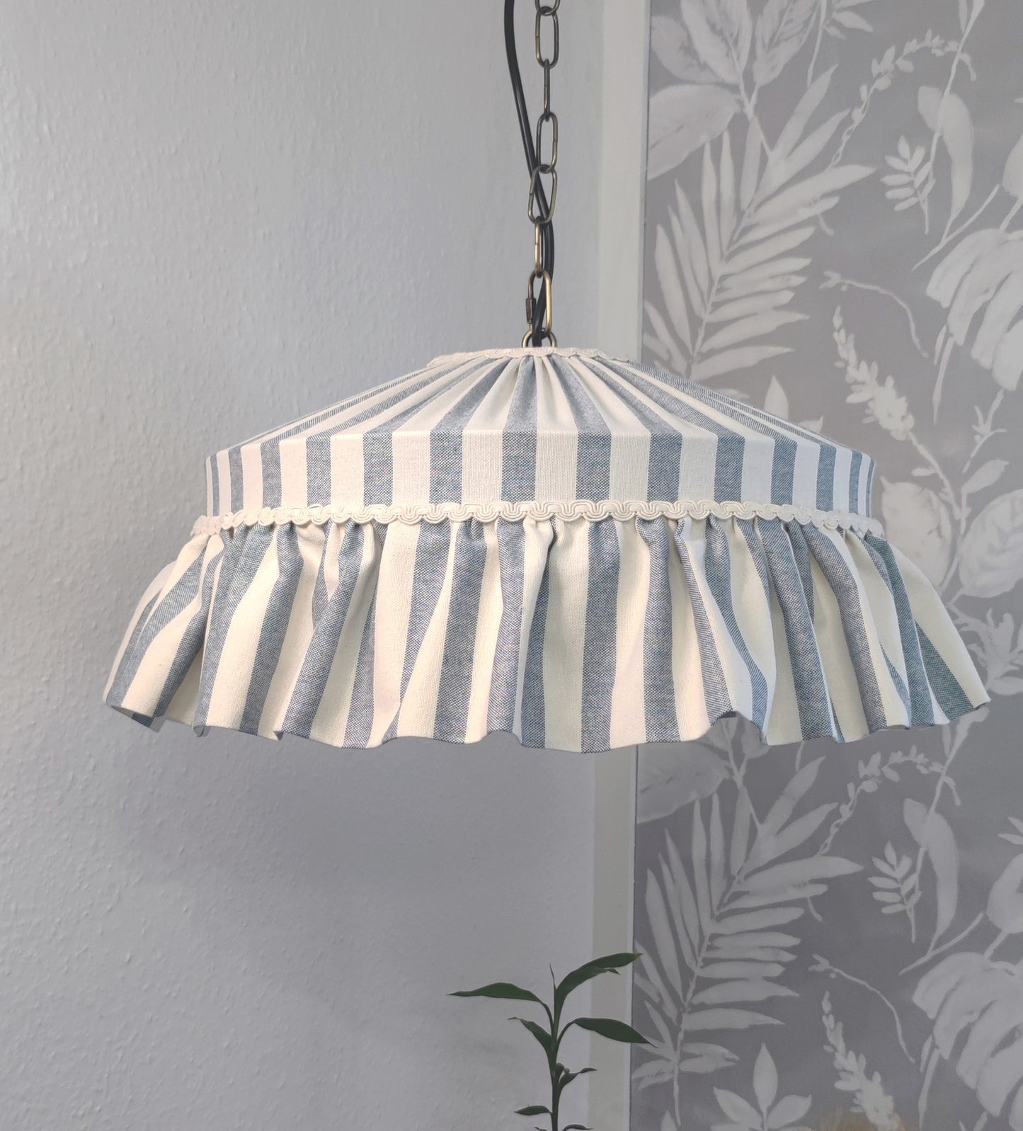 Ruffle Wide Blue Stripes Cotton Lampshade with pleated top and frilled edge, ideal for ceiling pendant lighting in cottagecore or country-style interiors.