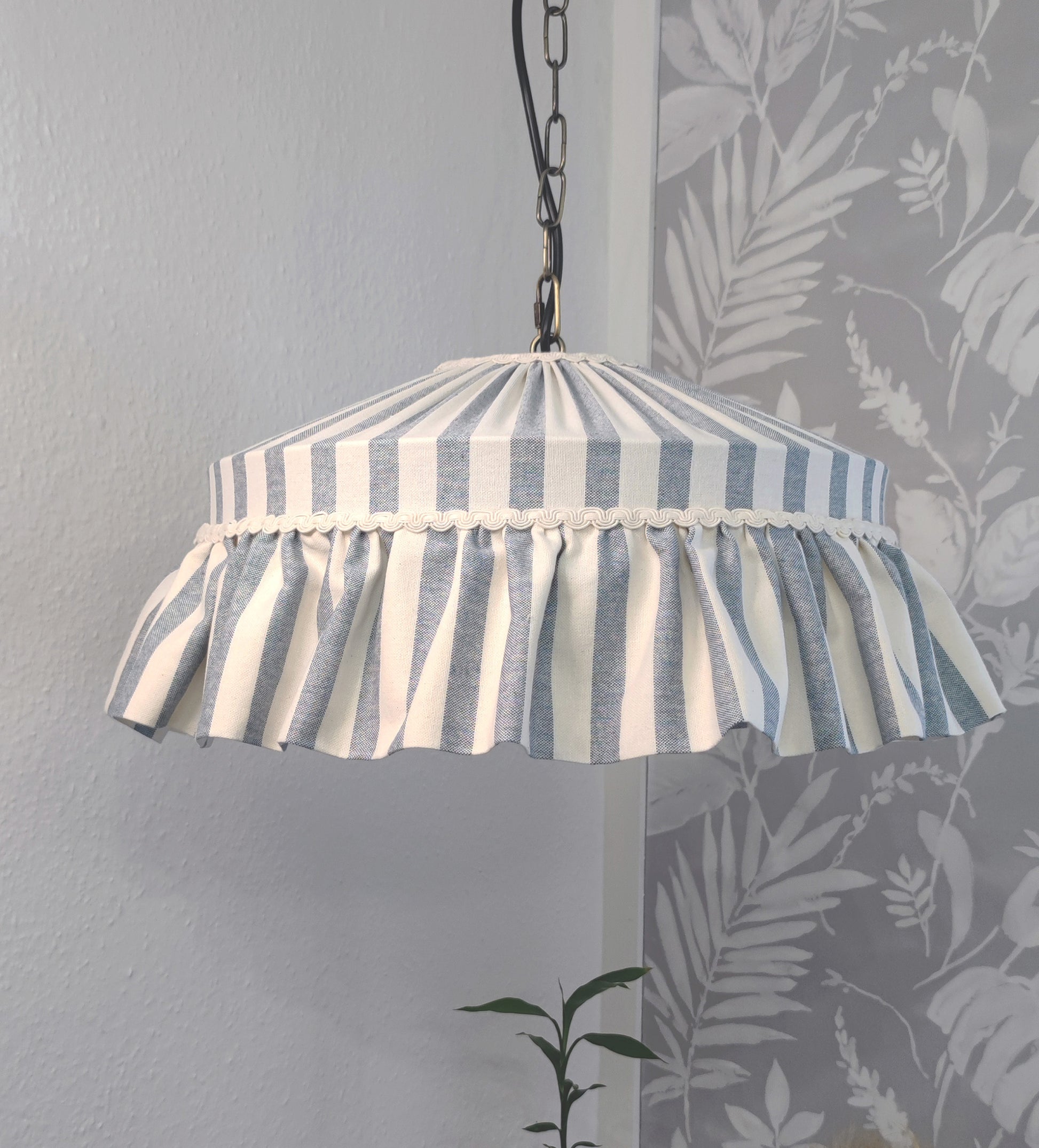 Ruffle Wide Blue Stripes Cotton Lampshade with pleated top and frilled edge, ideal for ceiling pendant lighting in cottagecore or country-style interiors.