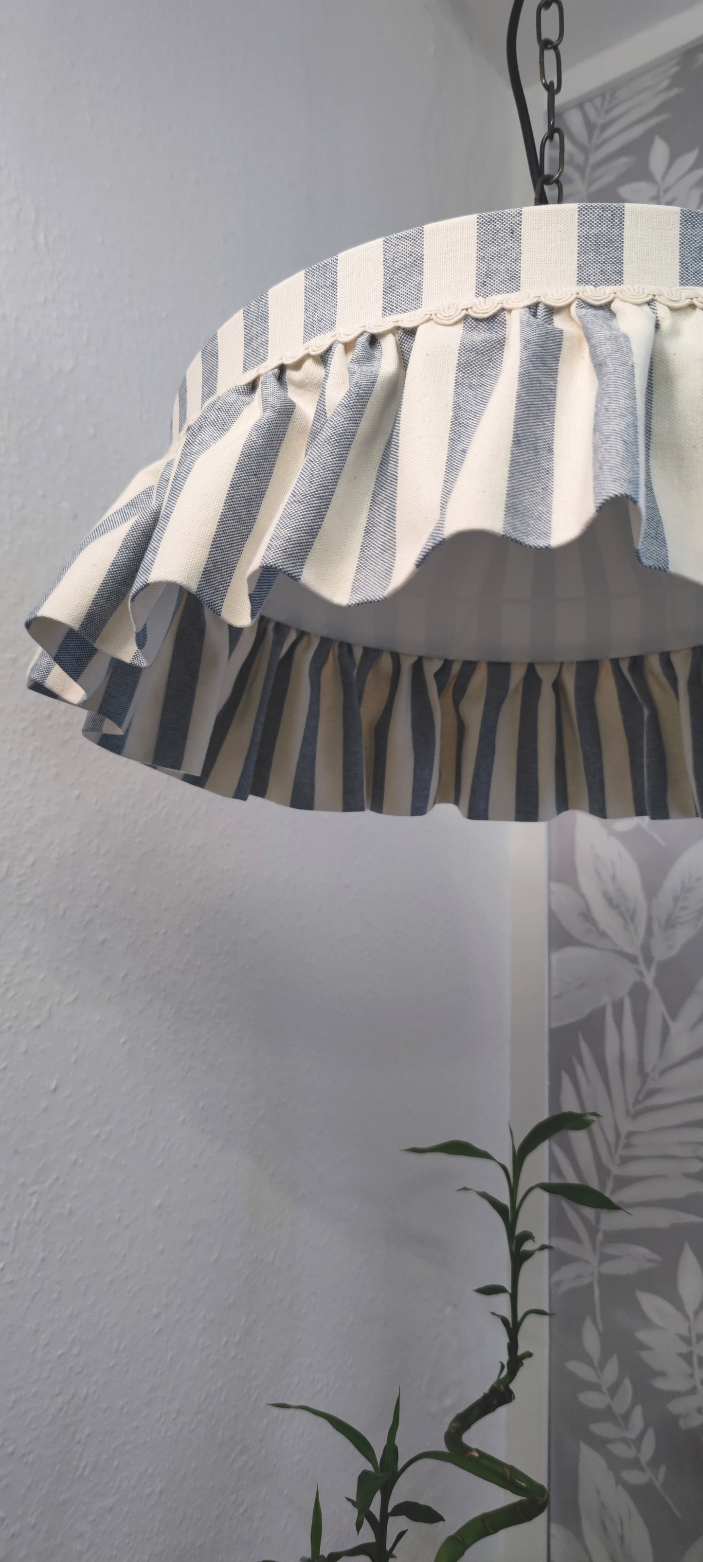 Ruffle Wide Blue Stripes Cotton Lampshade with soft pleated edges, ideal for cottagecore or country-style interiors. Hanging as a ceiling pendant.
