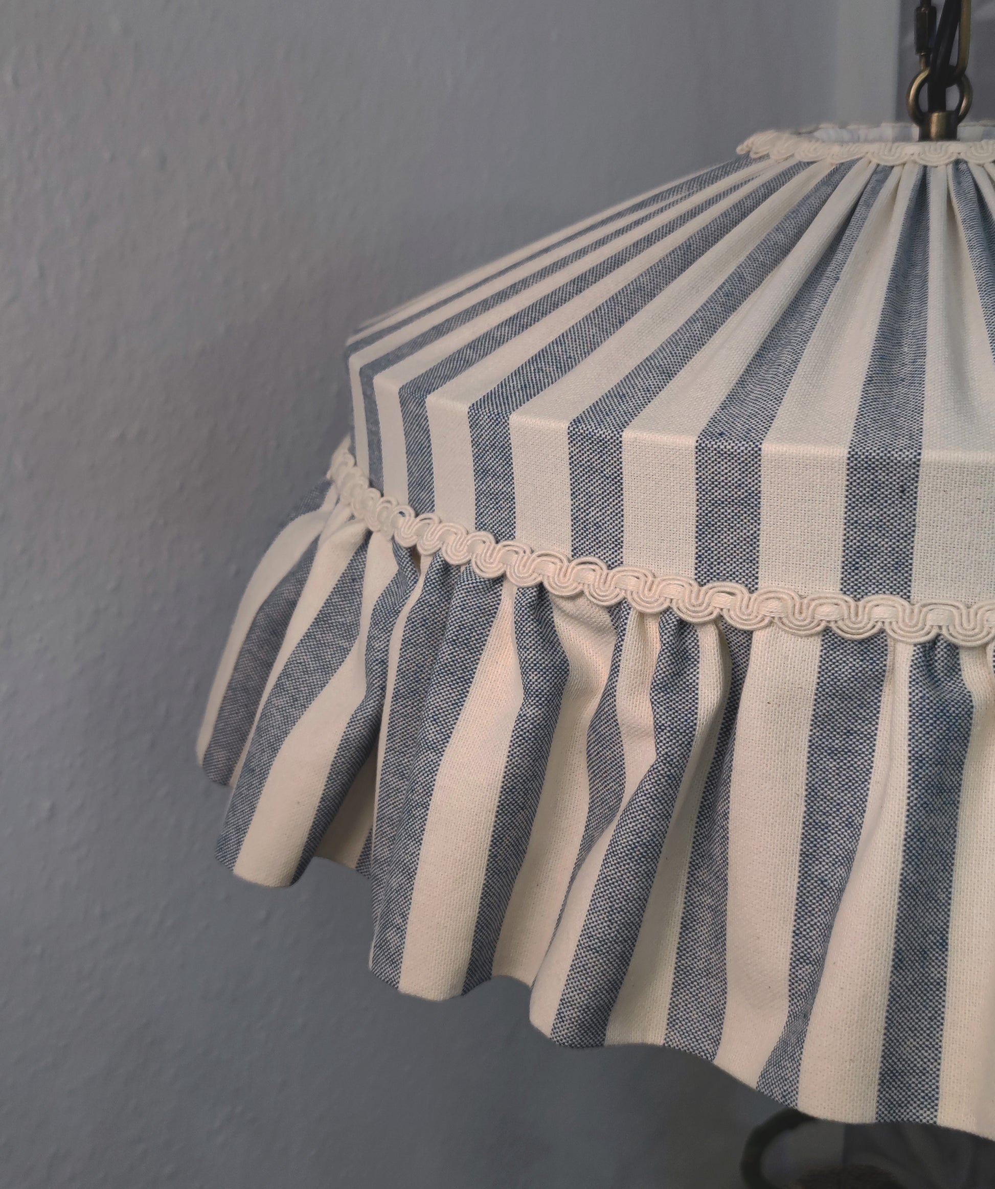 Ruffle Wide Blue Stripes Cotton Lampshade with pleated top and decorative ruffle trim, ideal for cottagecore or country-style interiors.