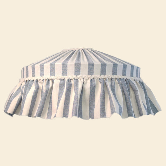 Ruffle Wide Blue Stripes Cotton Lampshade with pleated top and gathered ruffle trim, ideal for cottagecore or country-style interiors.