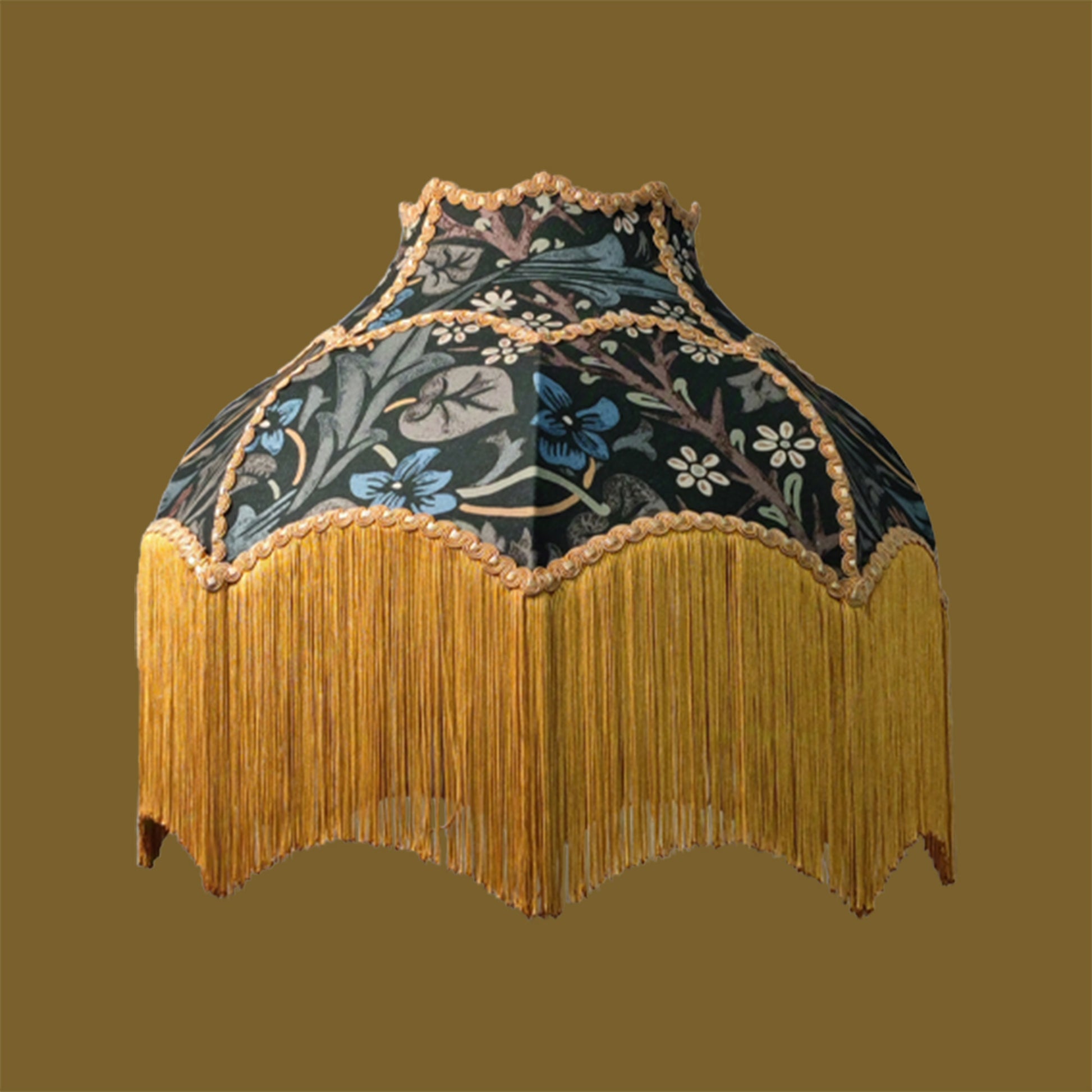 William Morris fringed lampshade Blackthorn dark green with gold fringe, vintage floral design for table or ceiling light in English cottage décor.