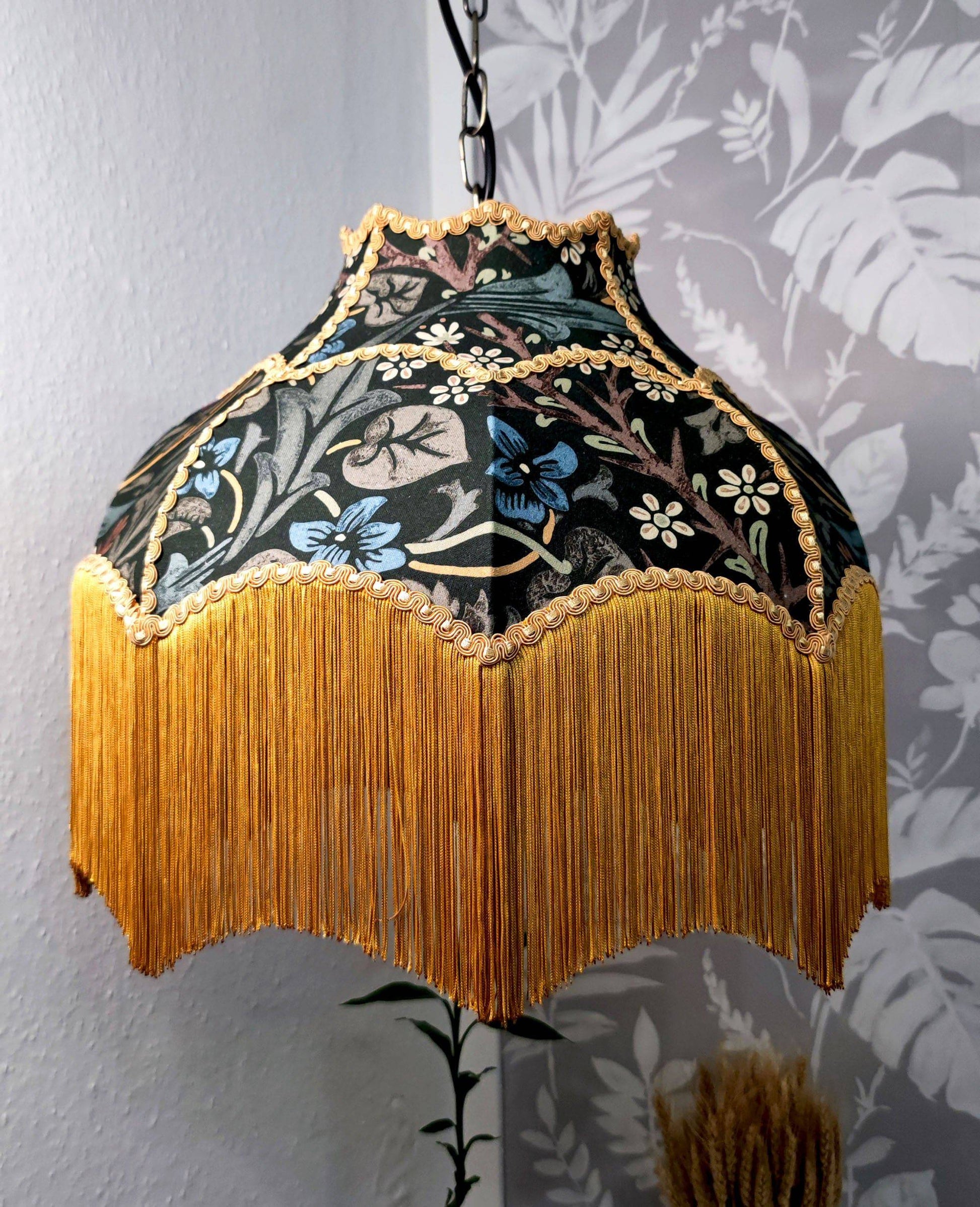 William Morris fringed lampshade Blackthorn dark green with gold fringe, floral pattern, ideal for vintage table or ceiling lighting décor.