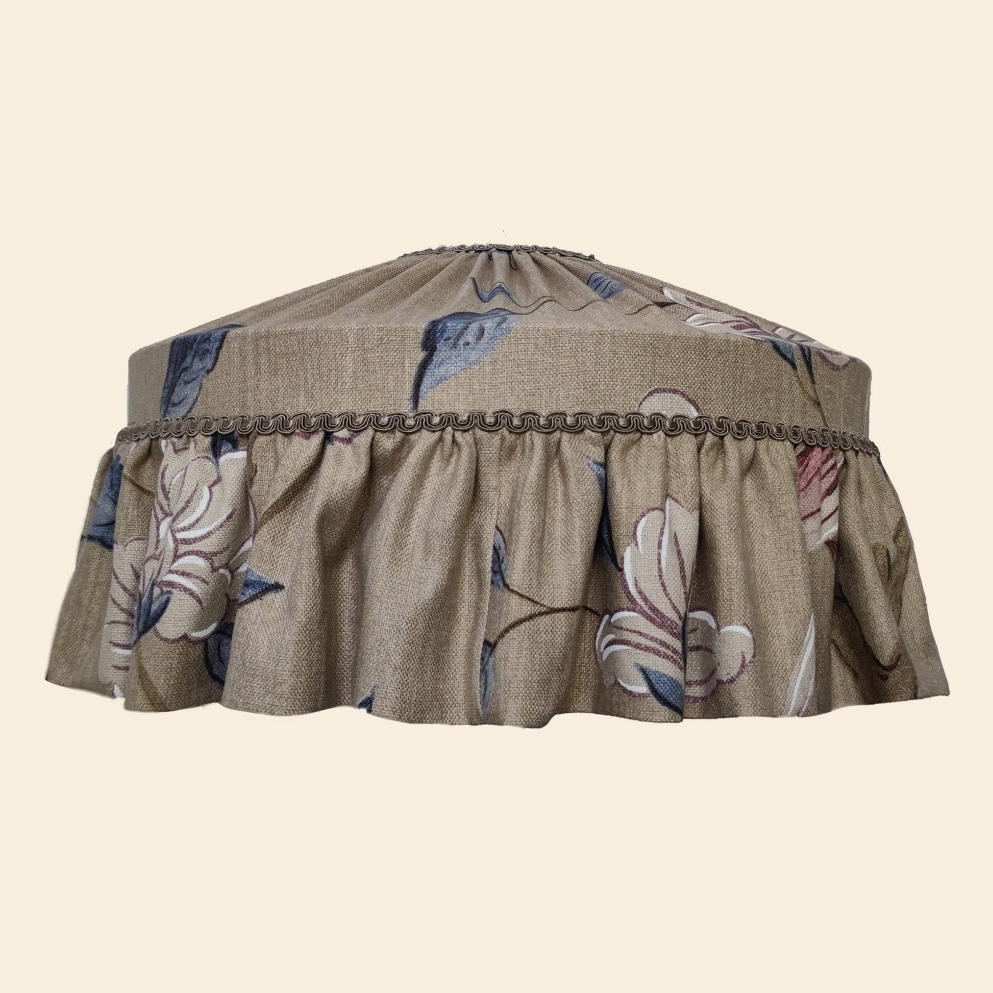 Zoffany raw silk lampshade with ruffles in vintage floral print, handcrafted by Maria Marabella Shades for cottage and farmhouse decor.