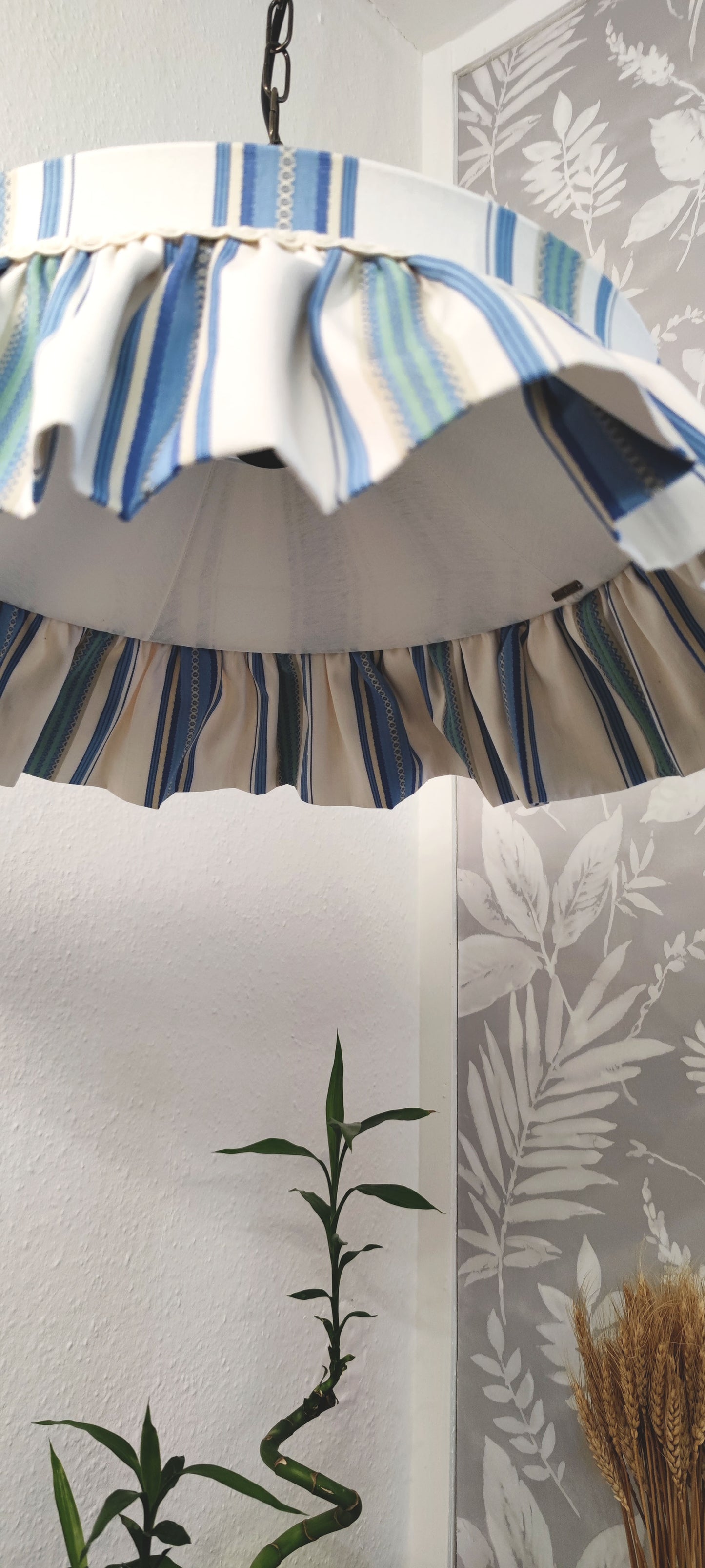 Sanderson ruffle handsewn cotton lampshade with blue stripes, featuring a gathered ruffle edge, ideal for cottage core, farmhouse, romantic decor.